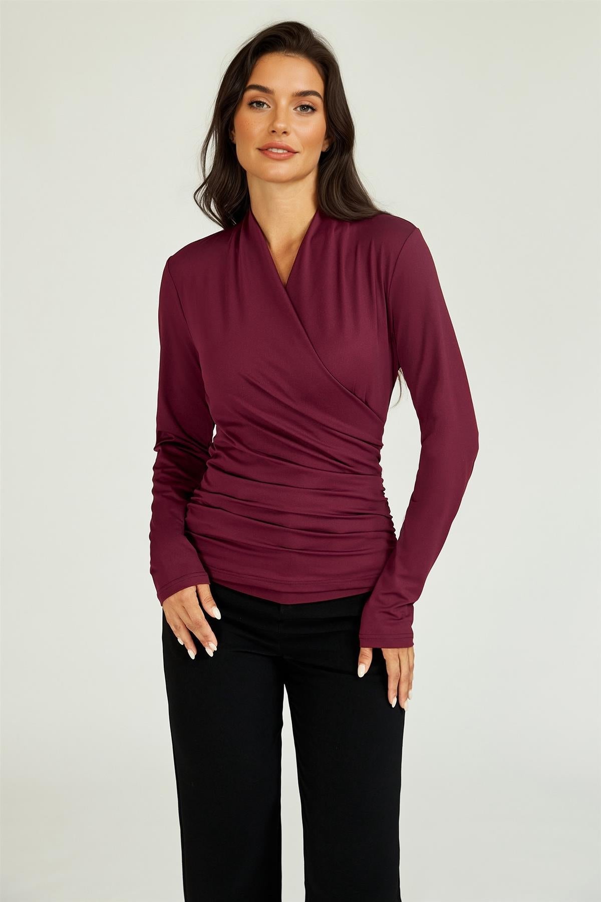 Long Sleeve Wrap Neck Ruched Top In Wine