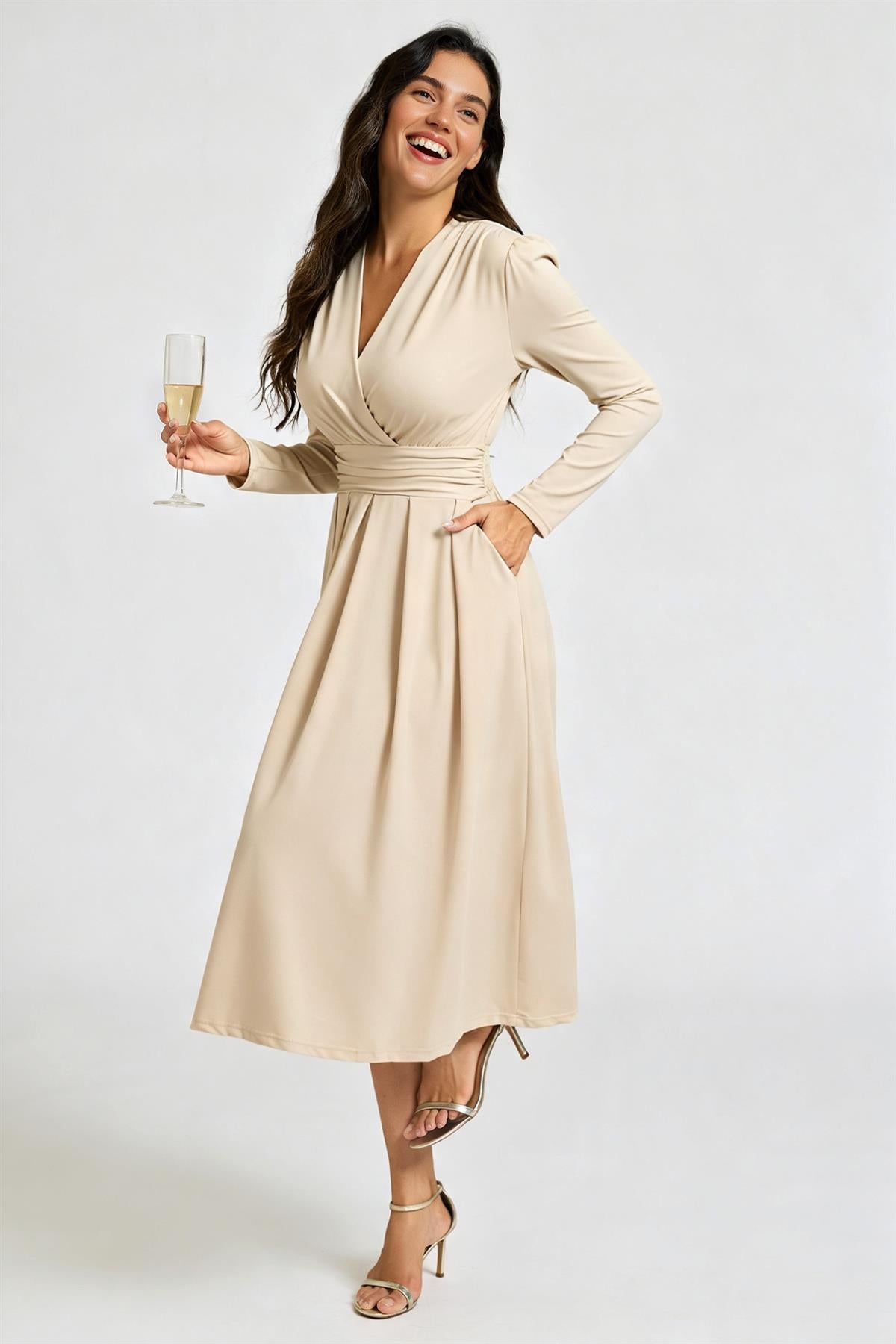 FS Collection Jersey Long Sleeve Midi Dress In Light Oat