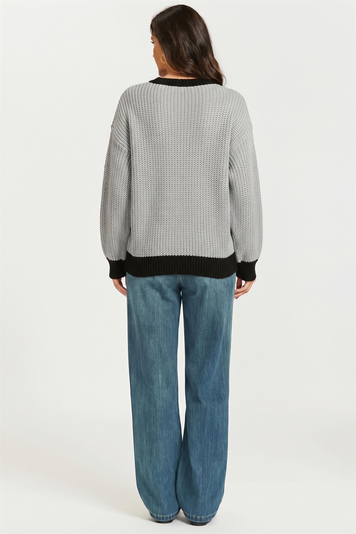 Black Neck Knit Jumper Top In Grey
