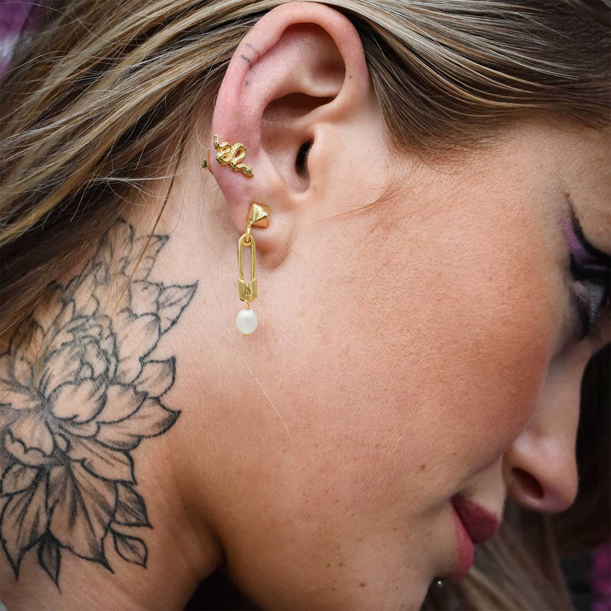 Kati Safety Pin Stud & Drop Pearl Earrings
