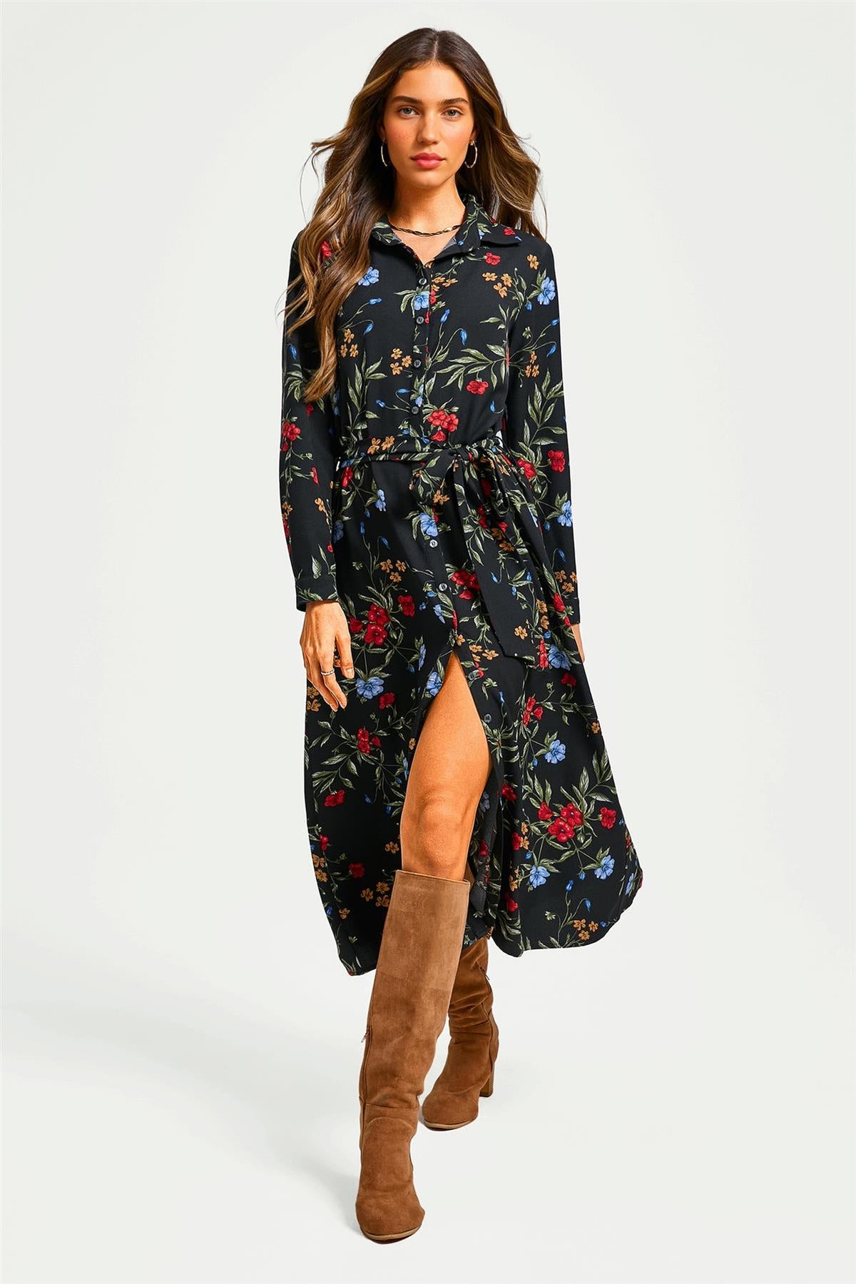 FS Collection Black Floral Print Shirt Midi Dress With Tie Waist