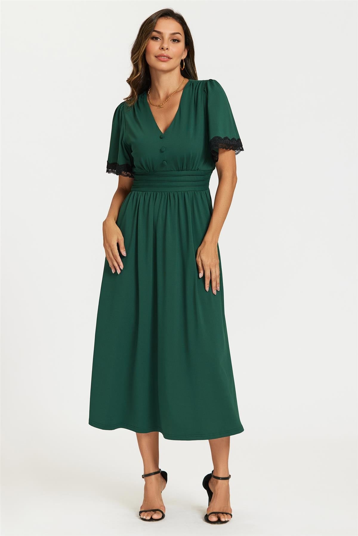 FS Collection Lace Trim Green Jersey Midi Dress