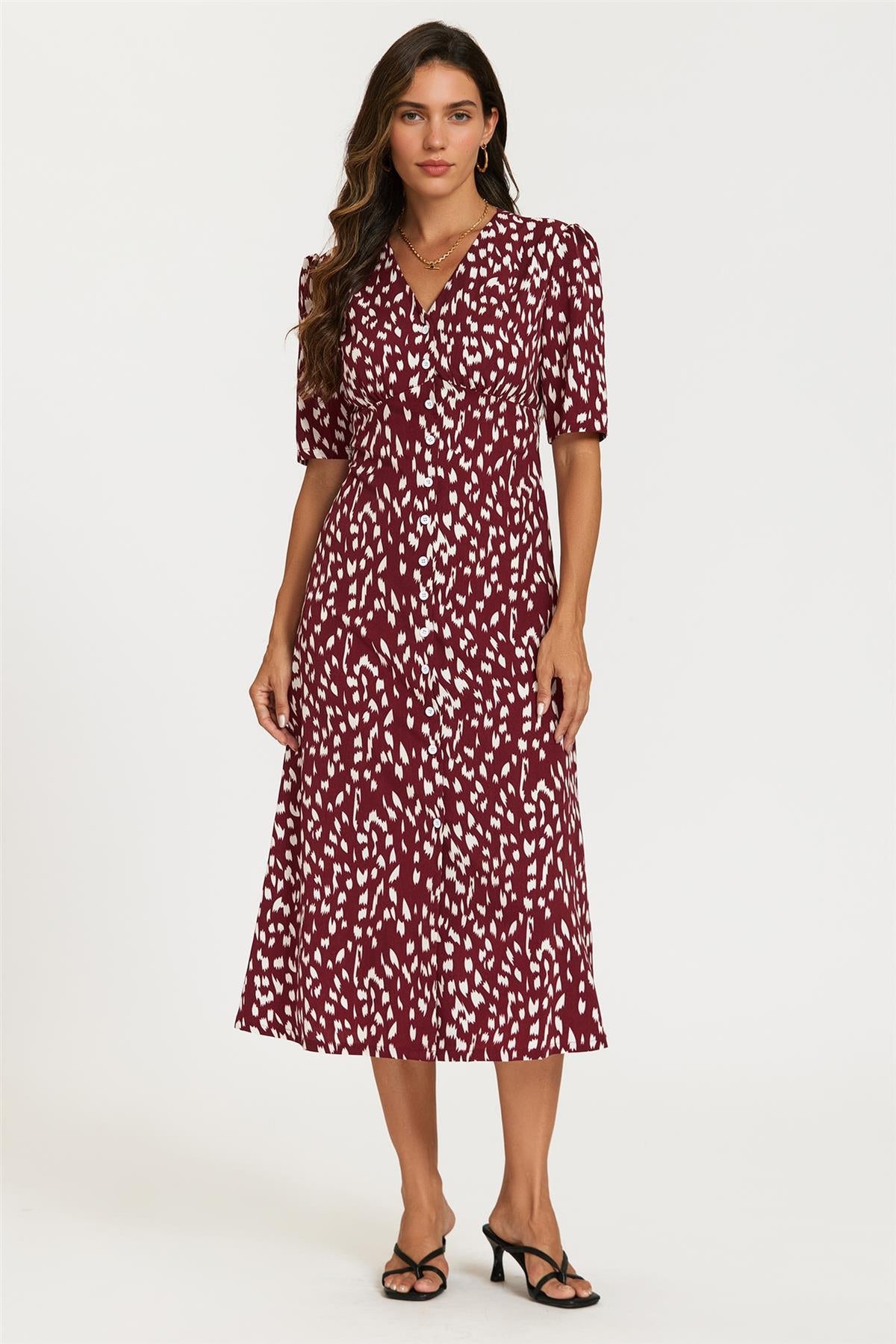 FS Collection Brushstroke Print Button Front Midi Dress In Burgundy