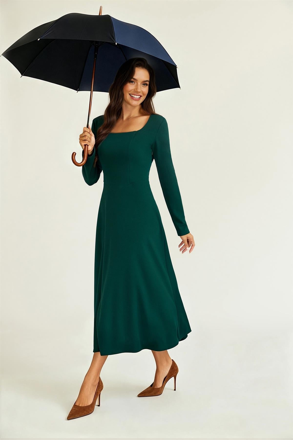 Square Neck Long Sleeve Fit & Flare Midi Dress In Green