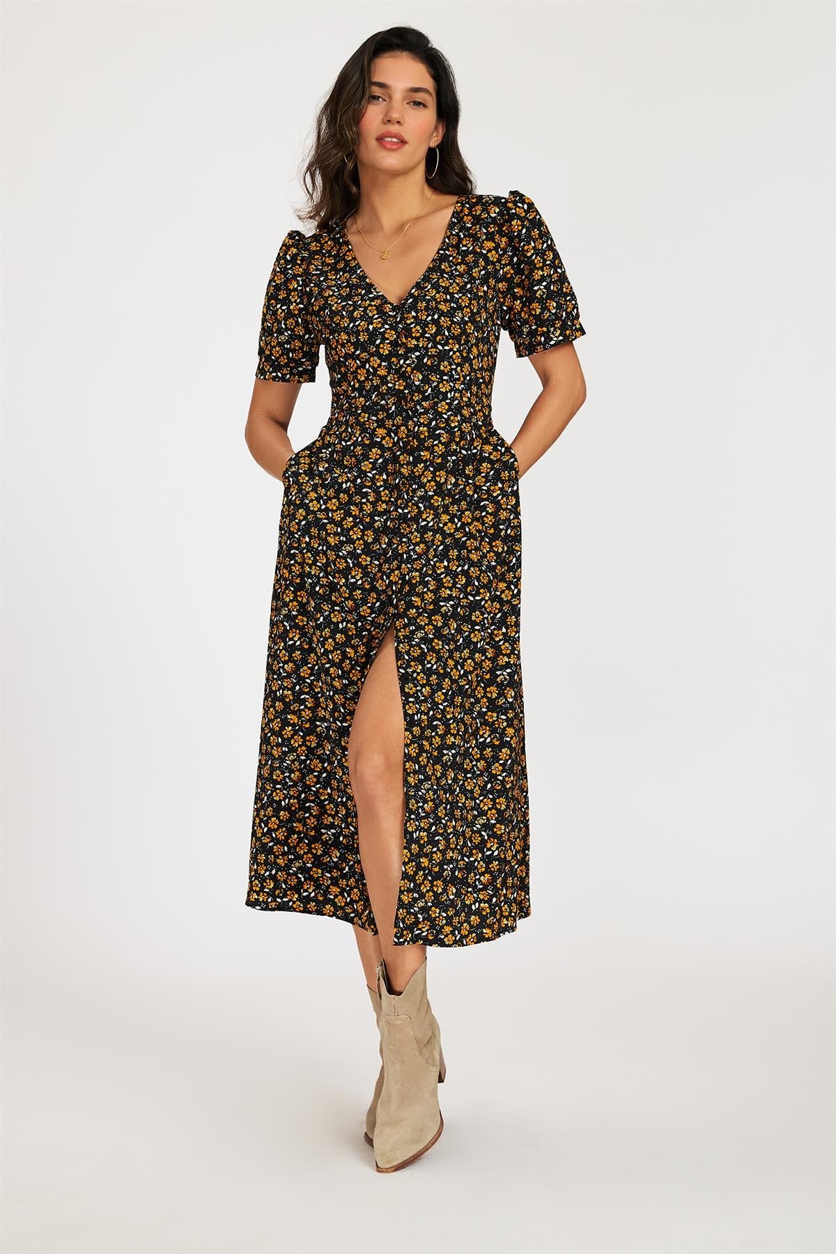 FS Collection Floral Print Button Front Puff Sleeve Midi Dress In Black