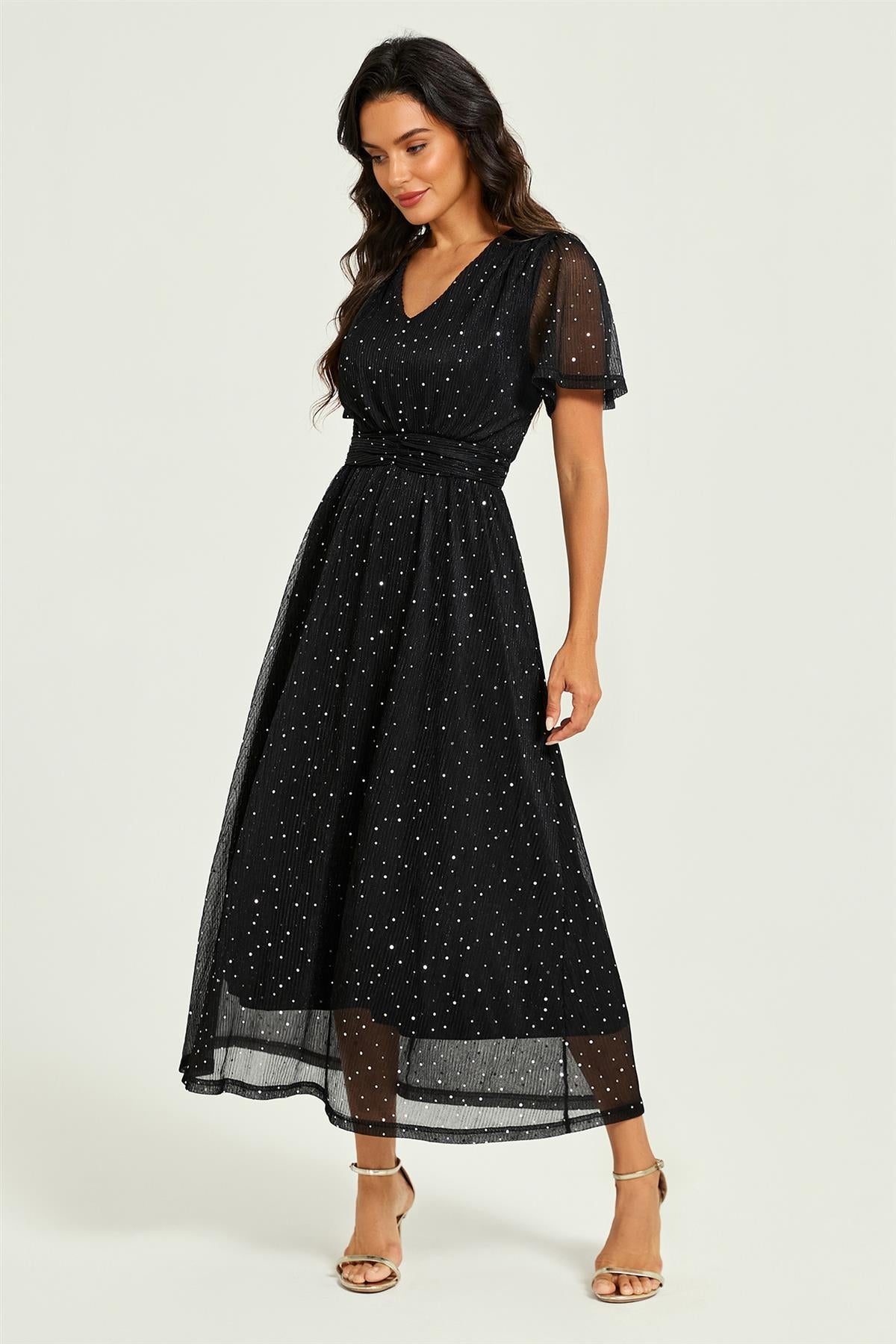 Silver Sequin Pleated Ruched Waist Midi Dress Black