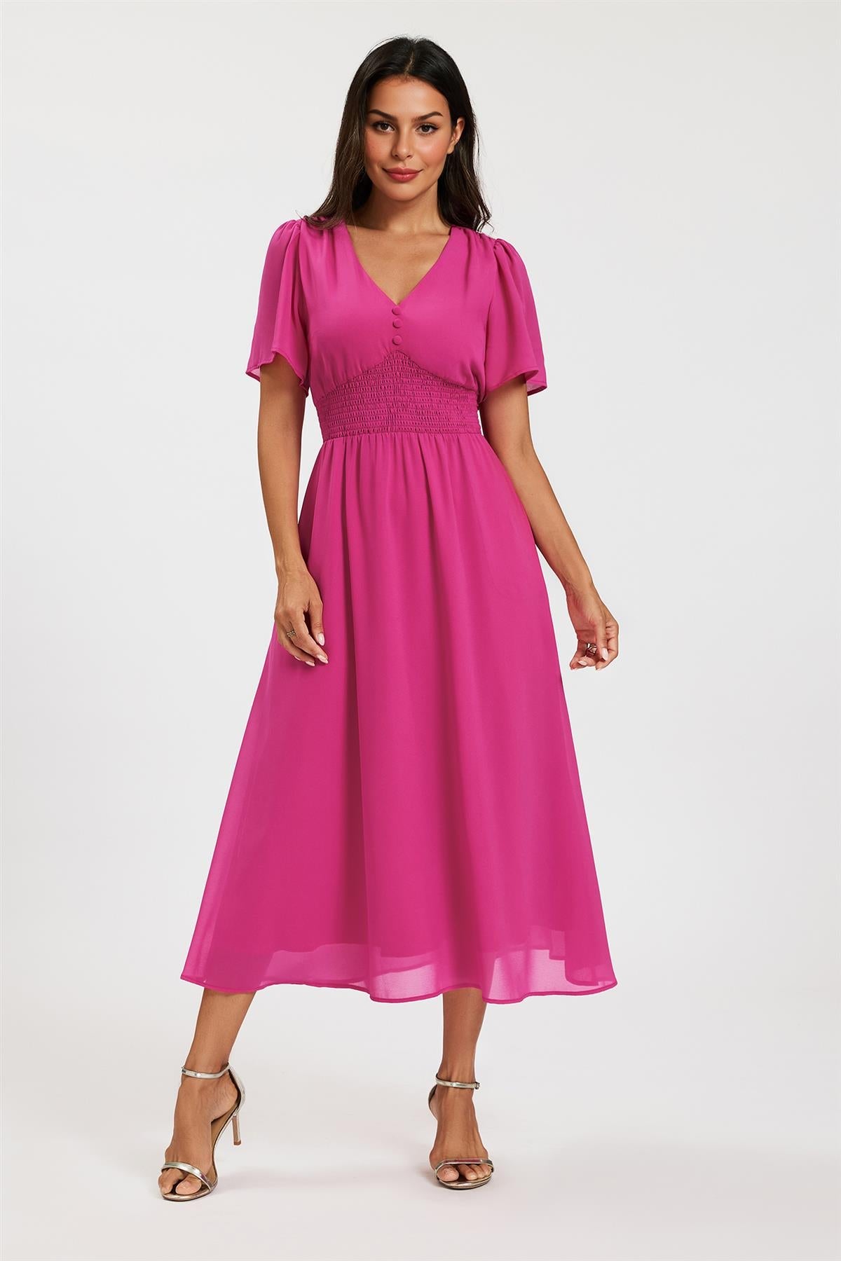 FS Collection Fuchsia V Neckline Shirred Waist Midi Dress