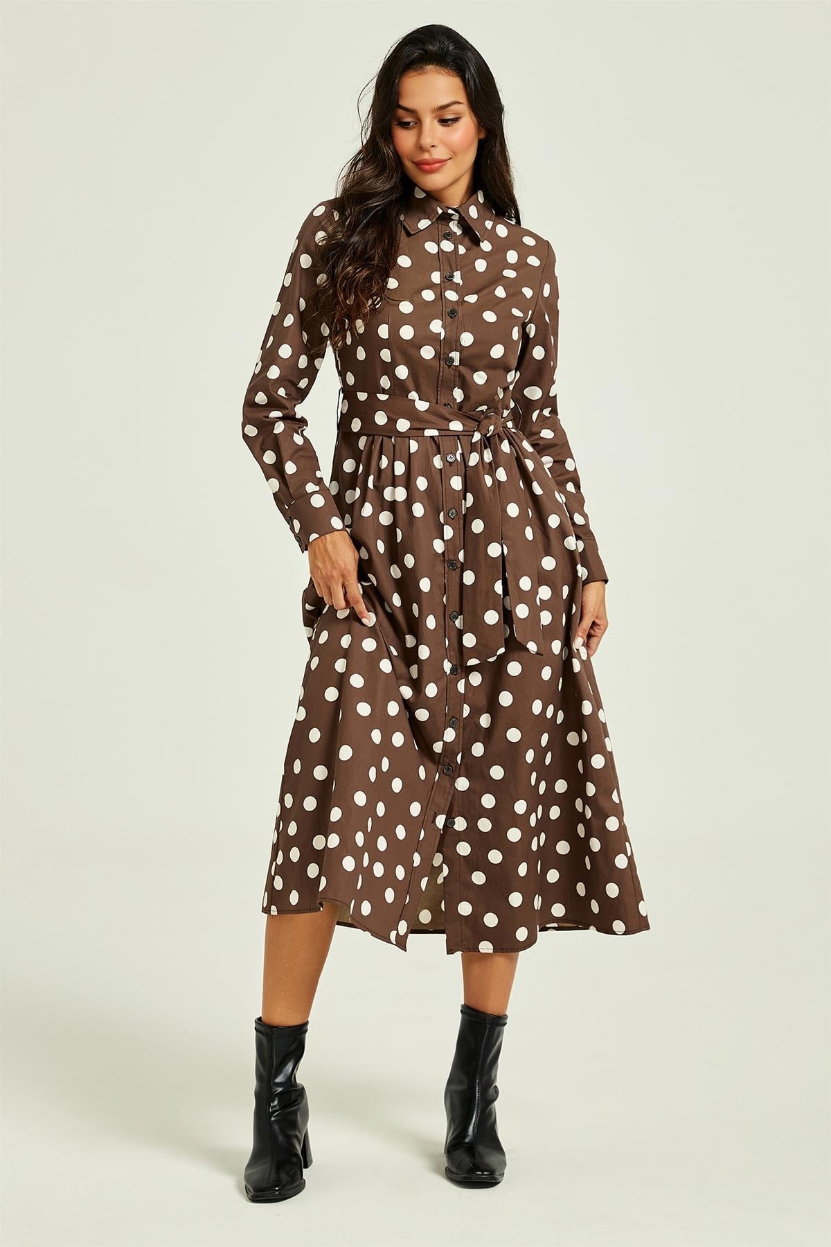 FS Collection Brown Dot Print Long Sleeve Midi Shirt Dress