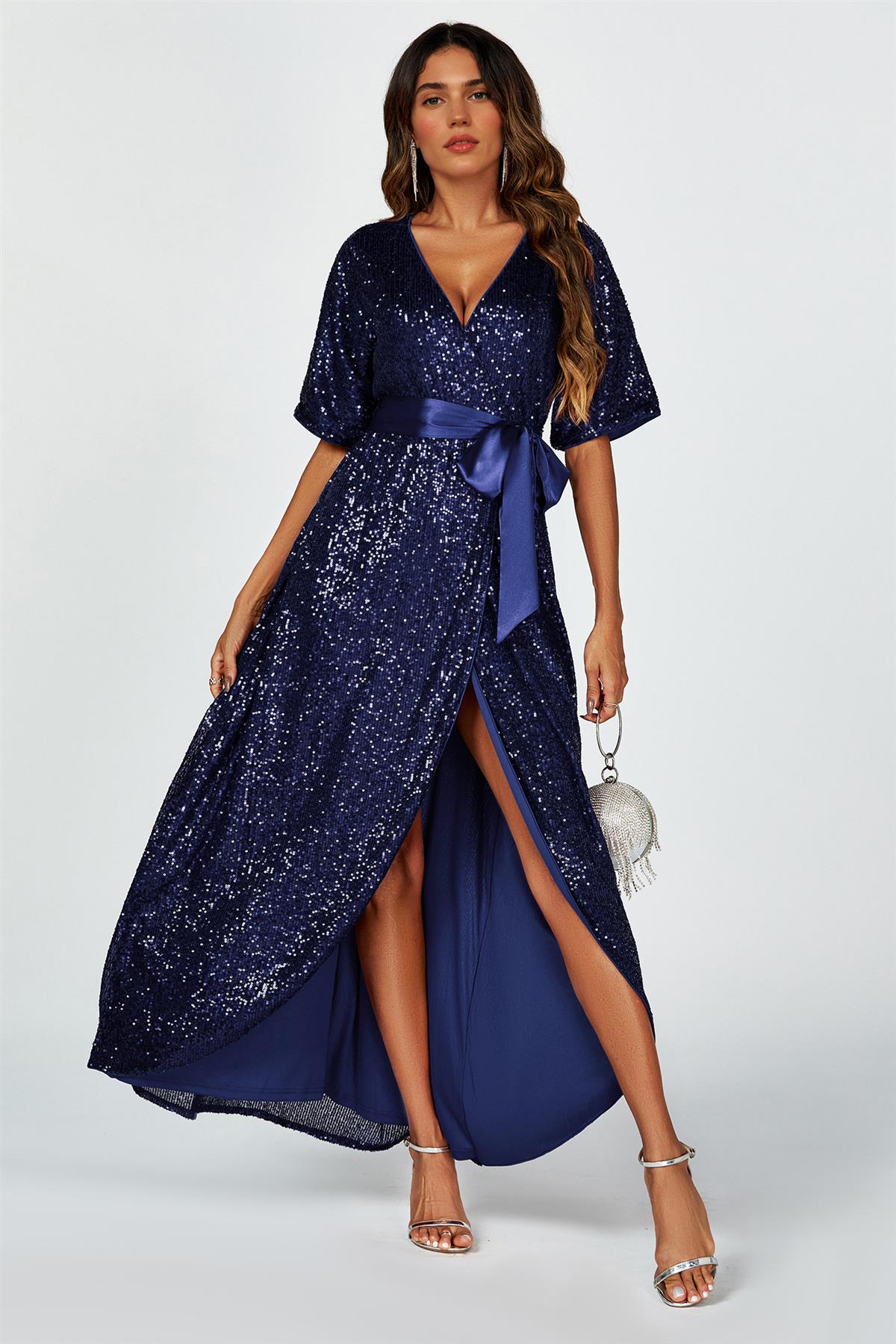 FS Collection Wrap Style Navy Blue Sequin Maxi Dress