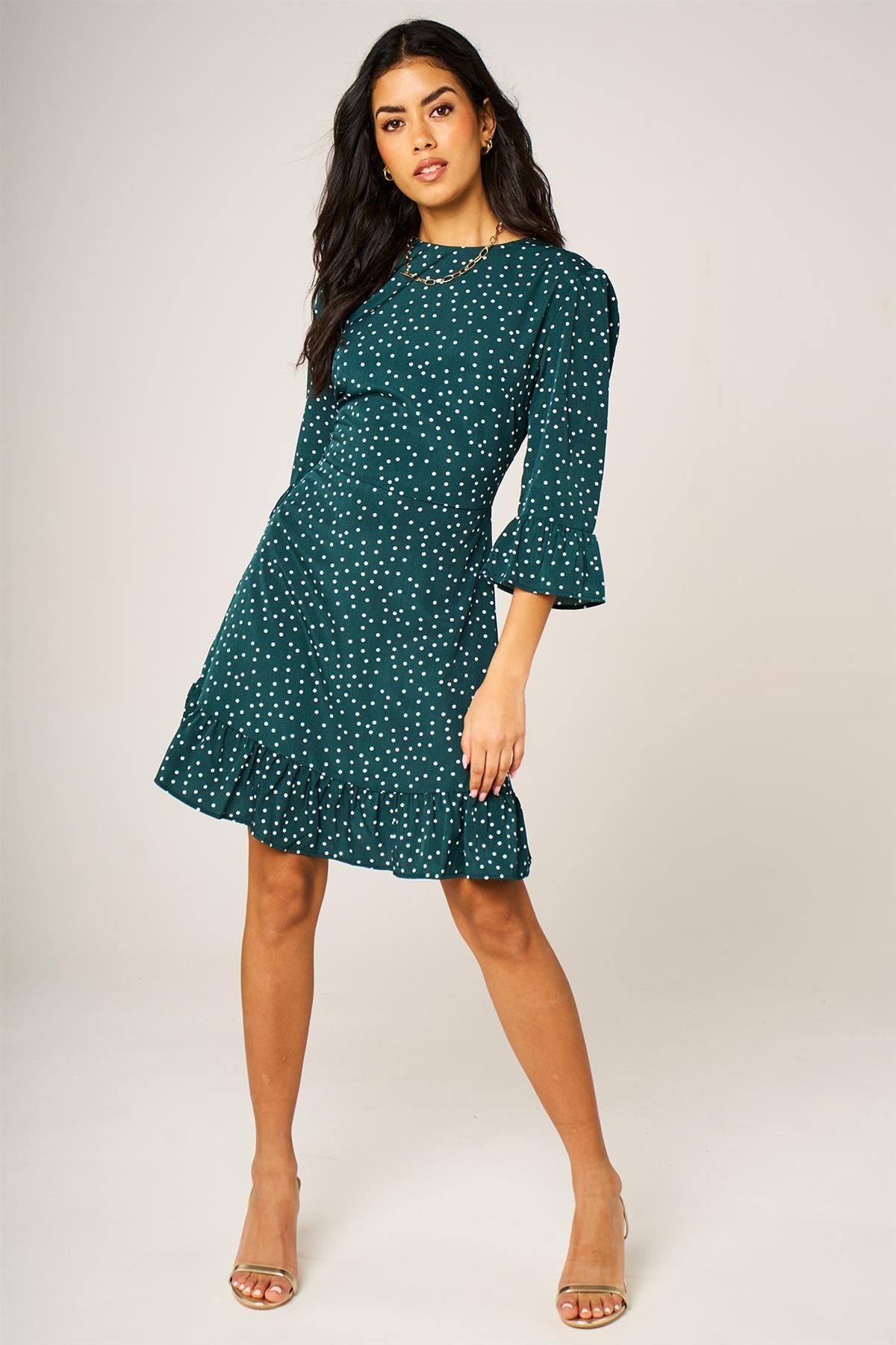 Little Dot Print Frill Detail Mini Dress In Green