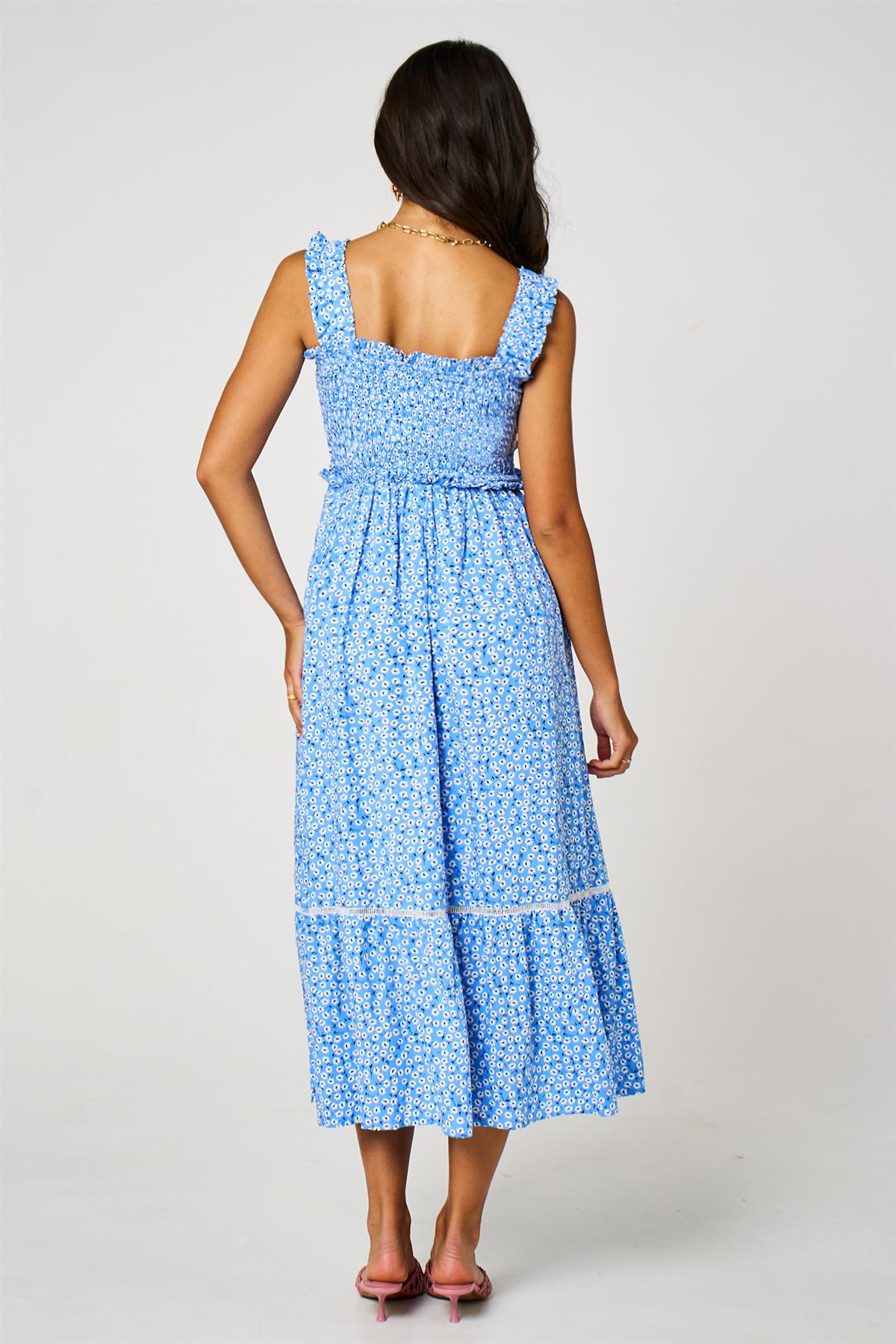 FS Collection Little Floral Print Hem Detail Maxi Dress In Blue