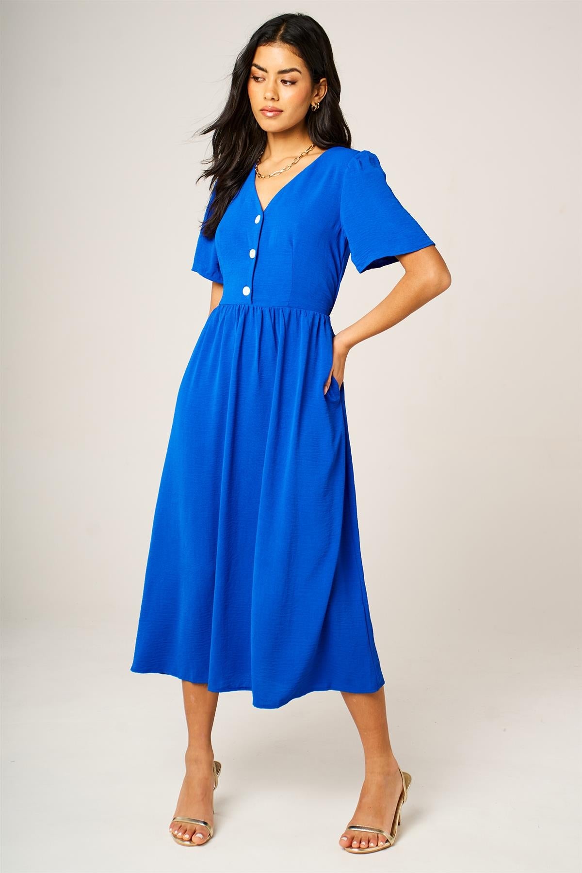 Button Front Midi Dress In Royal Blue