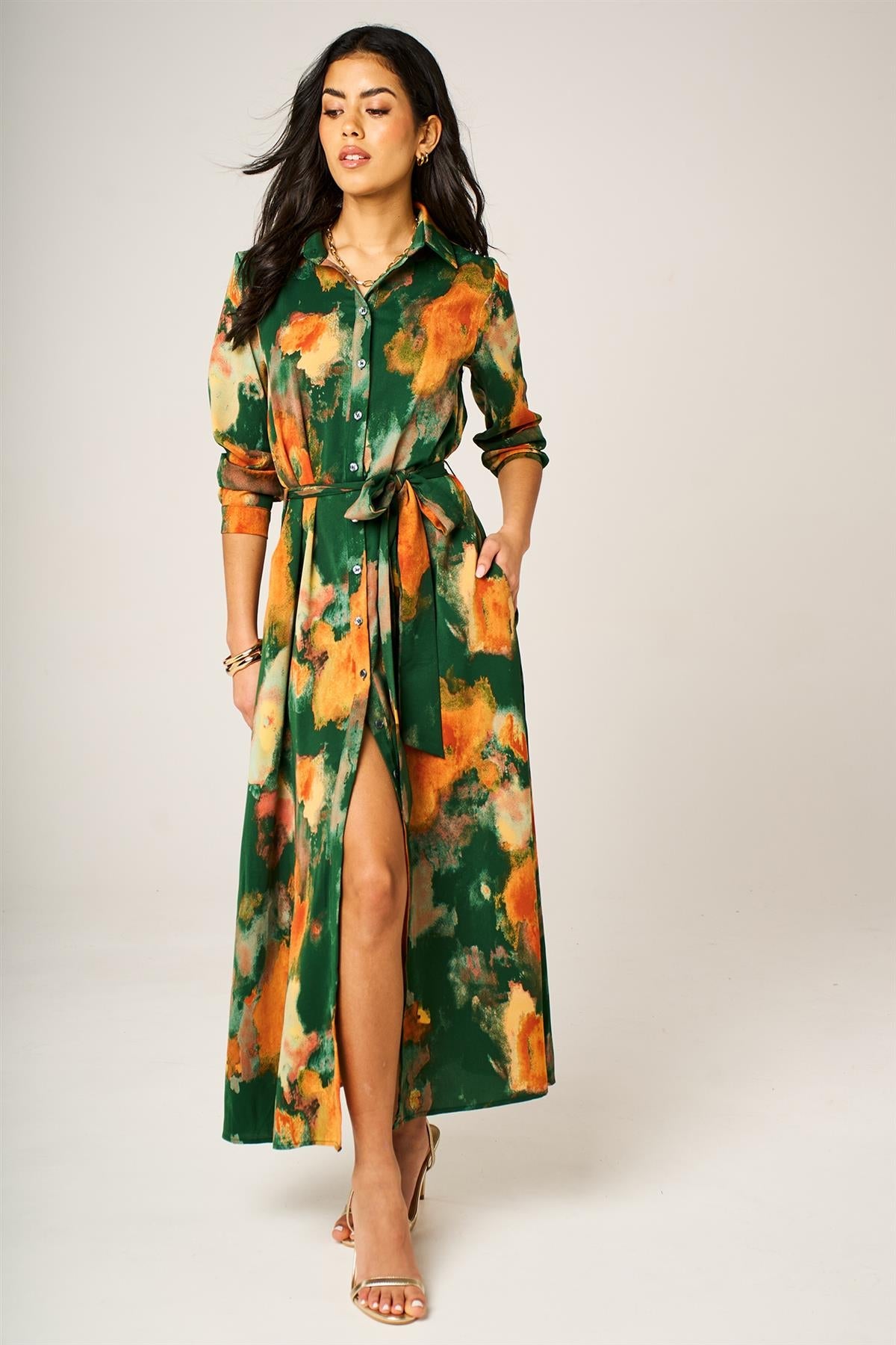 Abstract Floral Long Sleeve Belted Shirt Dress In Green