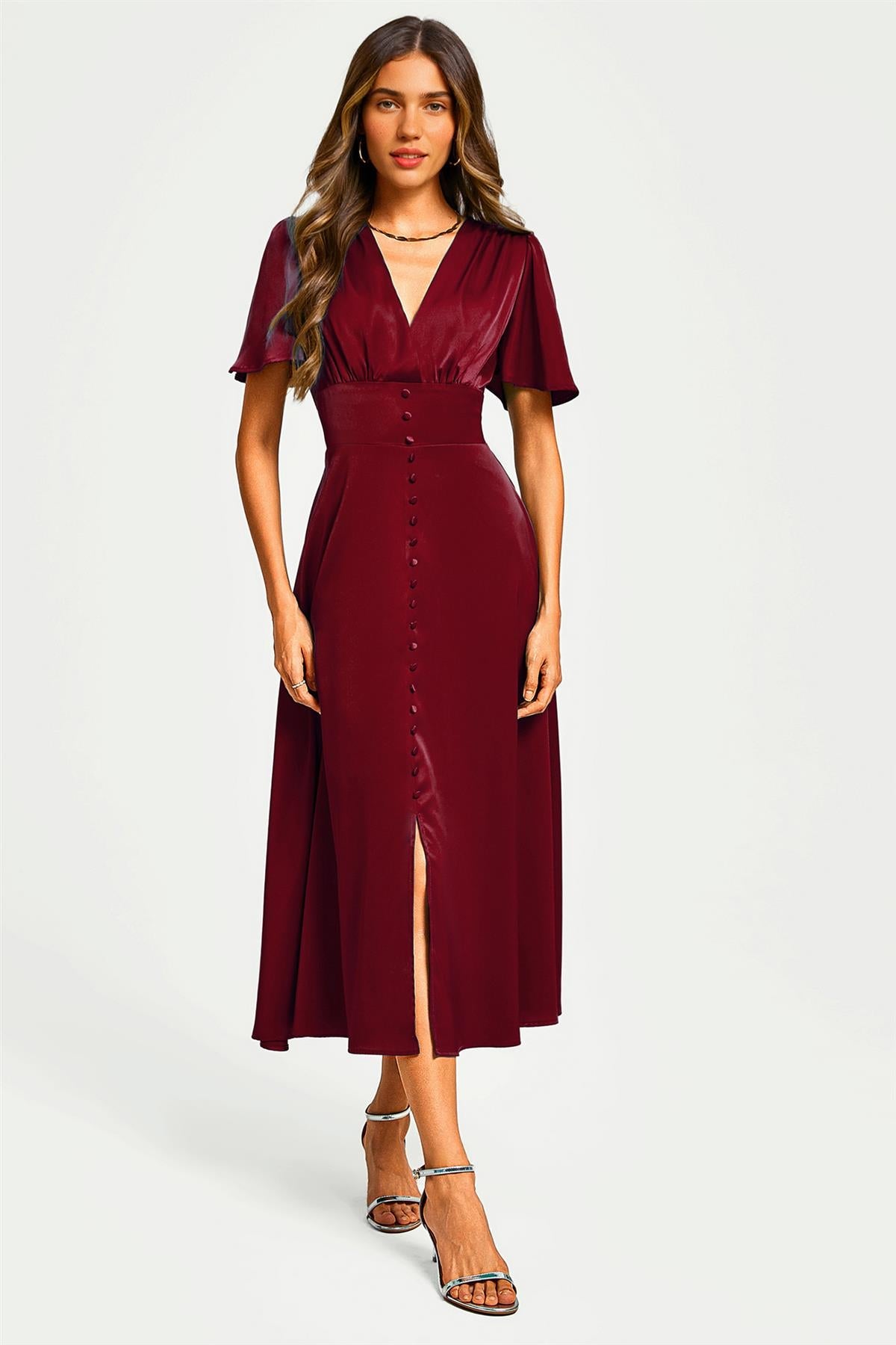 FS Collection Satin V neckline Button Detail Dress In Wine