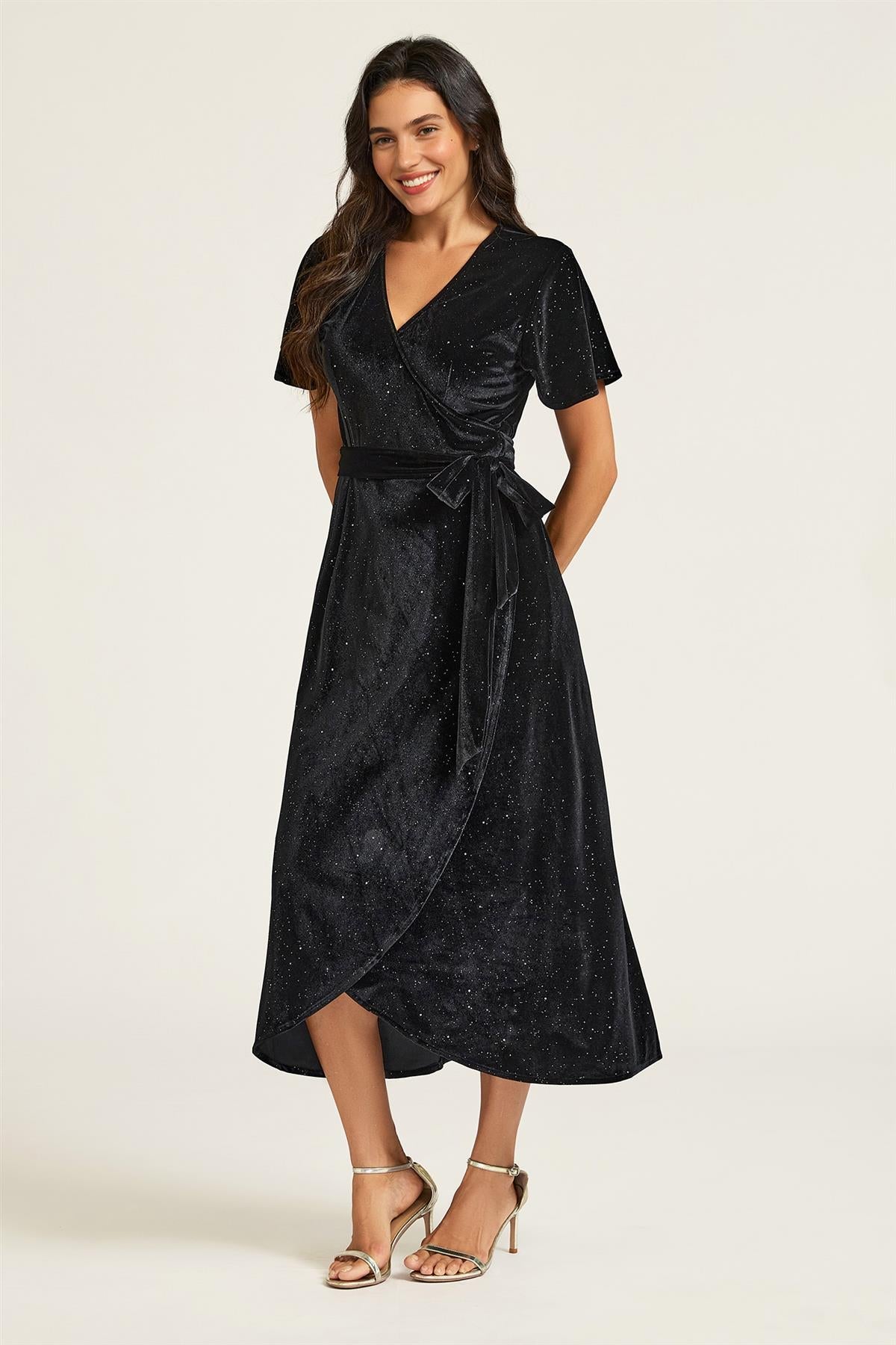 FS Collection Black Sparkly Star Night Velvet Wrap Midi Dress