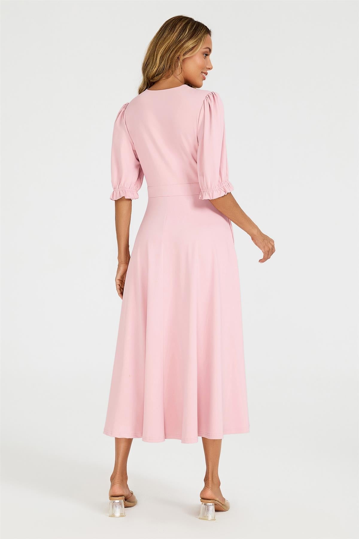 FS Collection Half Sleeves Jersey Midi Dress with Wrap Neckline In Dusty Blush