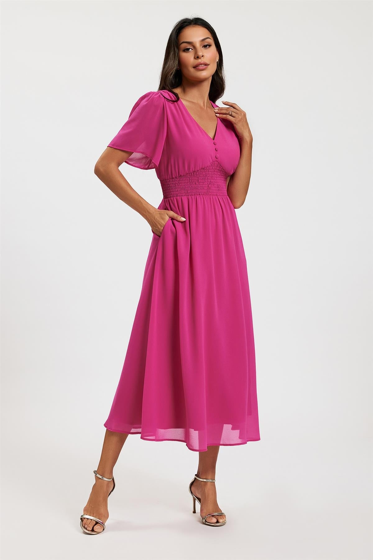 FS Collection Fuchsia V Neckline Shirred Waist Midi Dress
