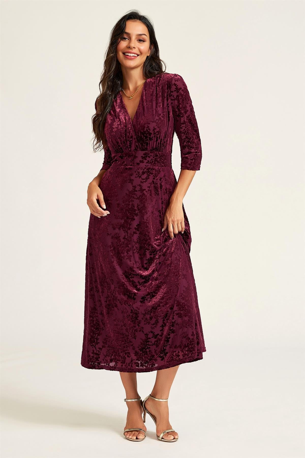 FS Collection Velvet Flock Wrap Neck 3/4 Sleeve Midi Dress In Wine