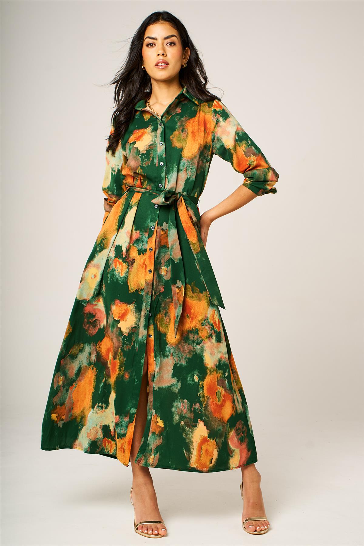 Abstract Floral Long Sleeve Belted Shirt Dress In Green