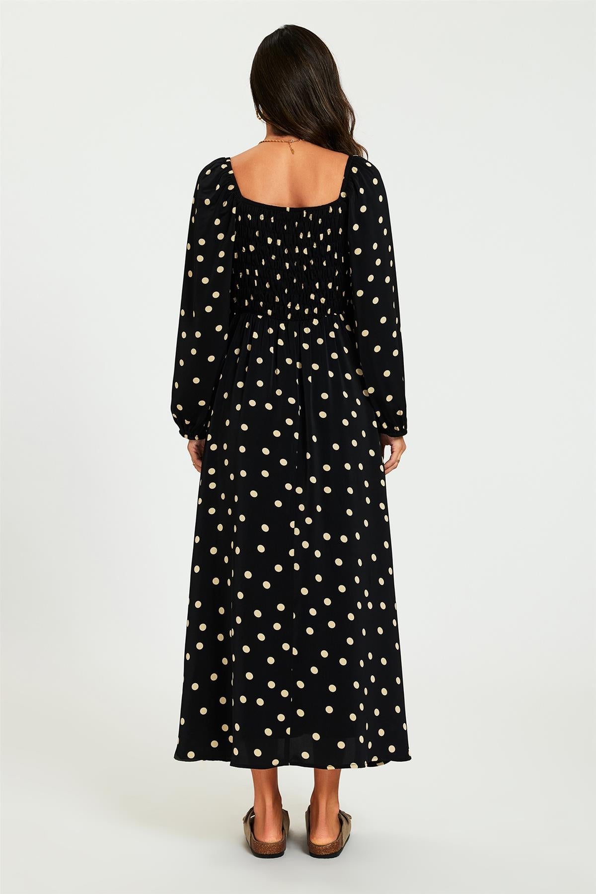 FS Collection Polka Dot Square Neck Maxi Dress In Black