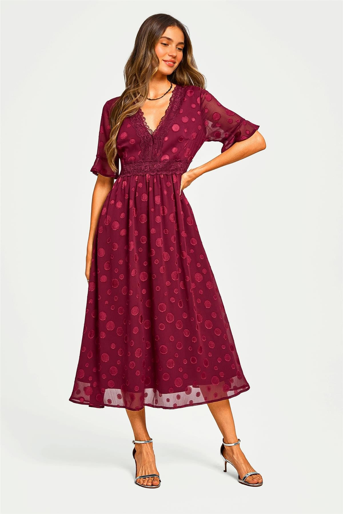 Polka Dot Jacquard Long Sleeve Lace Trim V Neck Maxi Dress In Wine