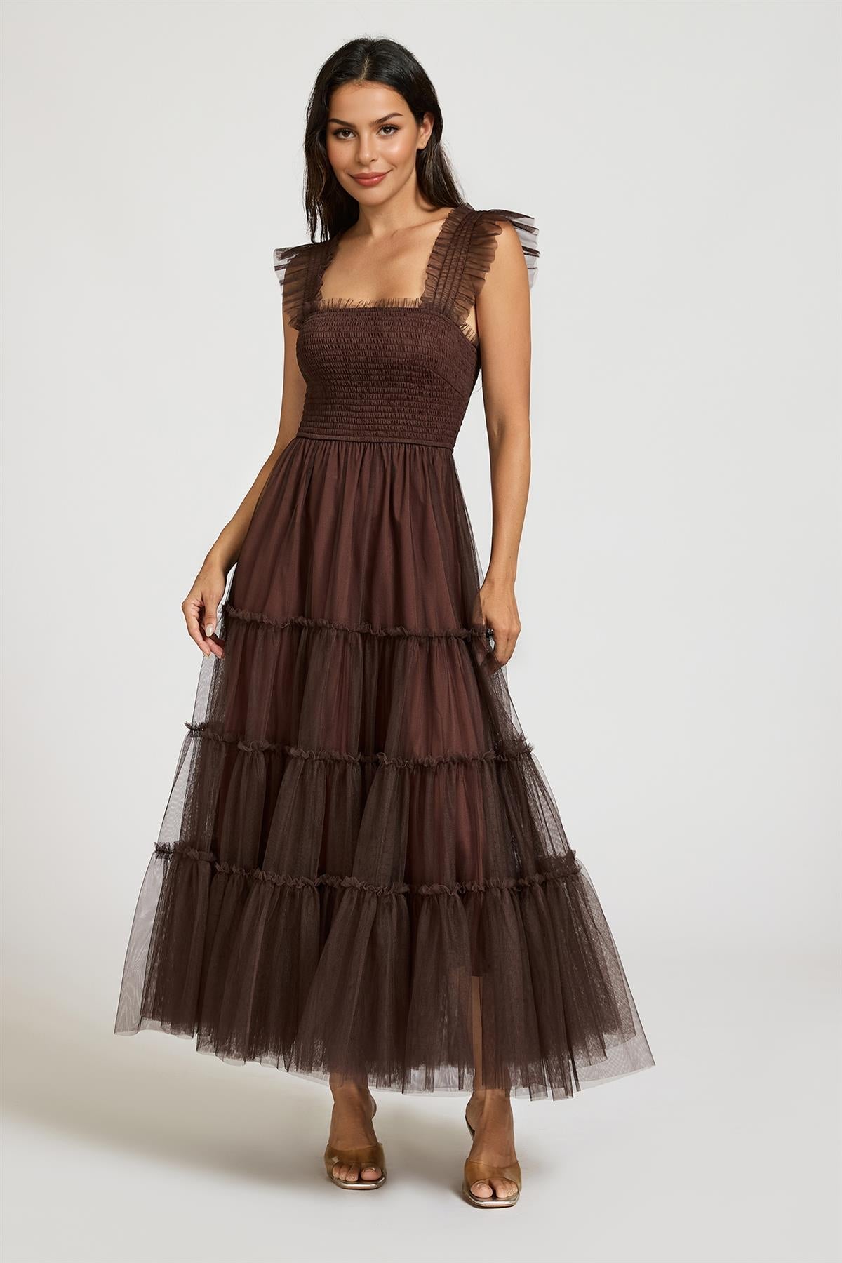 FS Collection Sleeveless Smocked Ruffle Tulle Dress In Brown