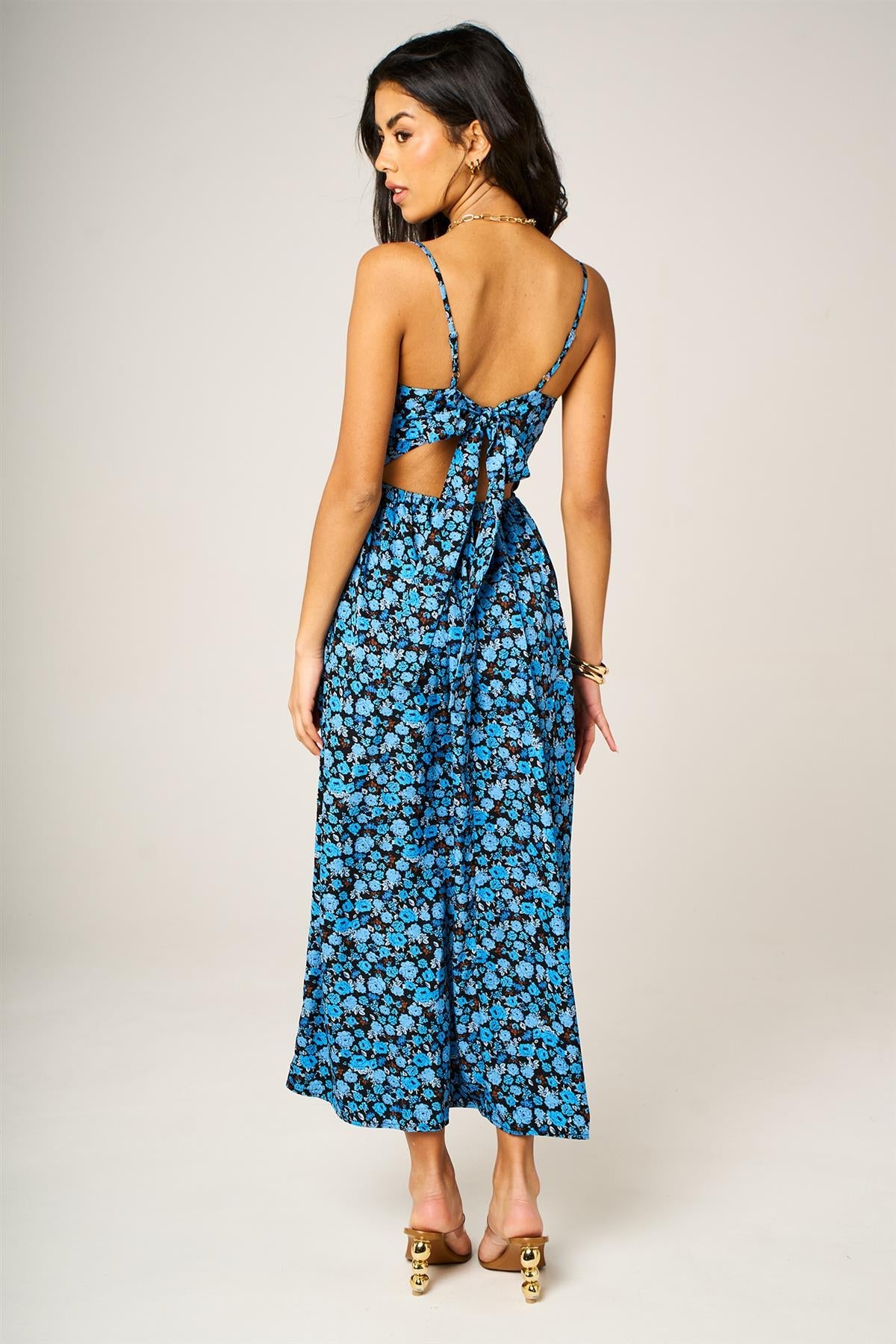 FS Collection Floral Print Knot Front Maxi Dress In Blue