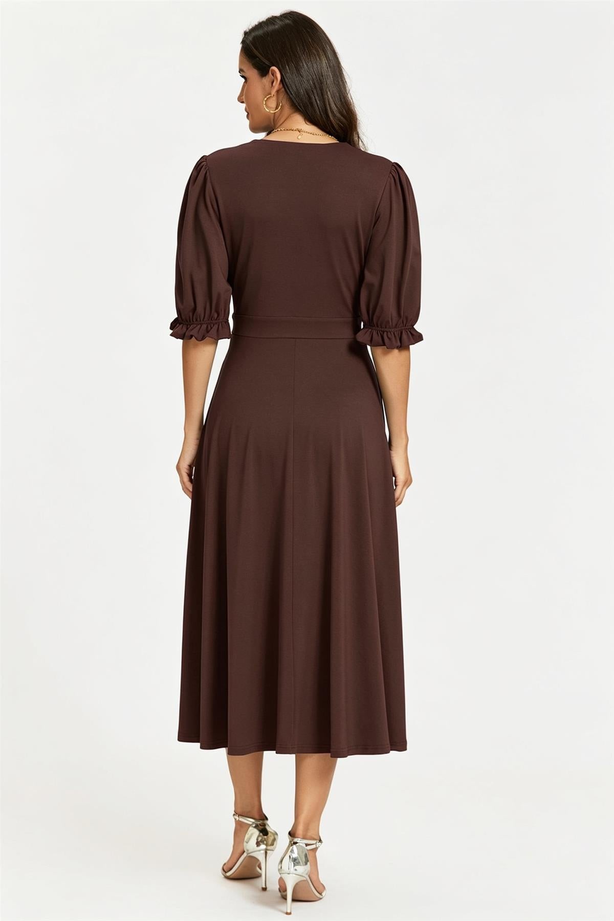 FS Collection Half Sleeves Jersey Midi Dress with Wrap Neckline In Chocolate