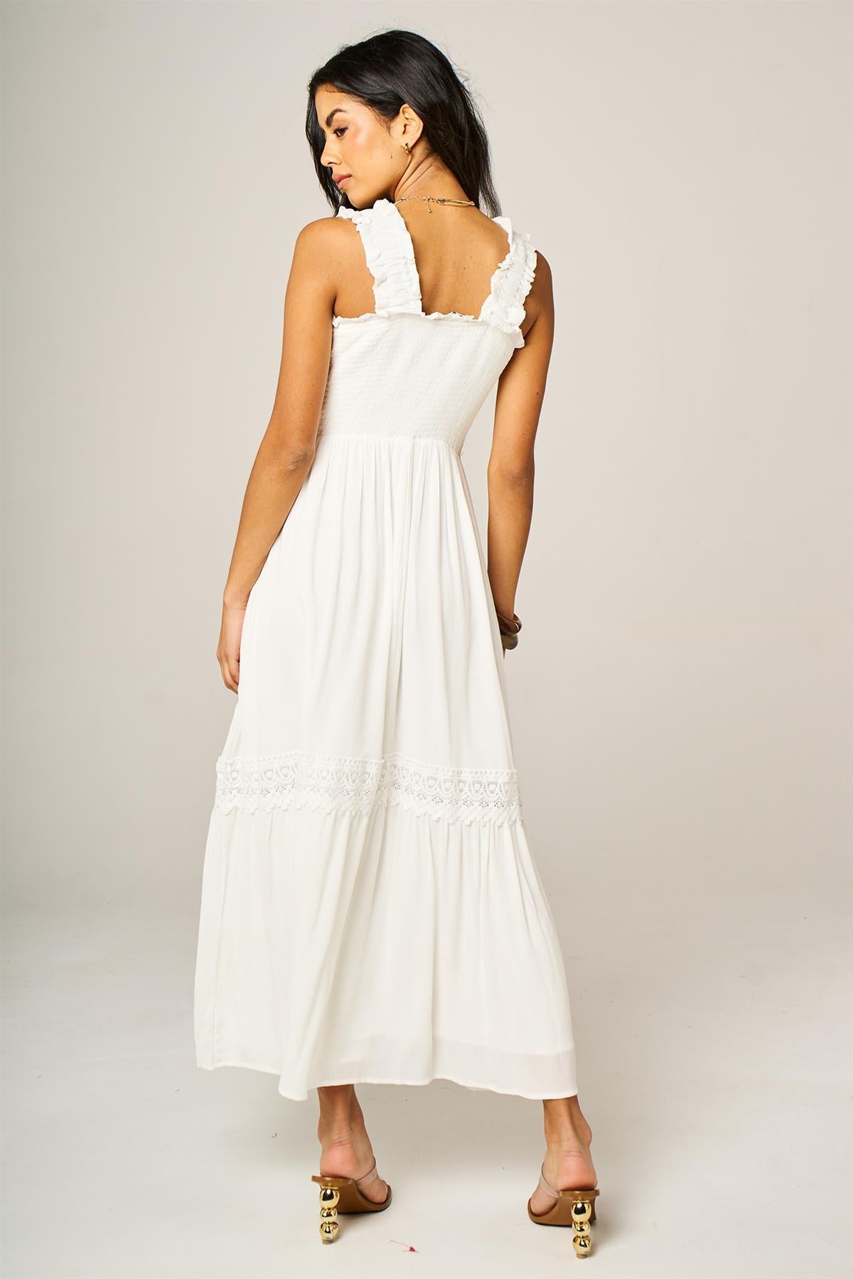 Lace Detail Tiered Maxi Dress In White