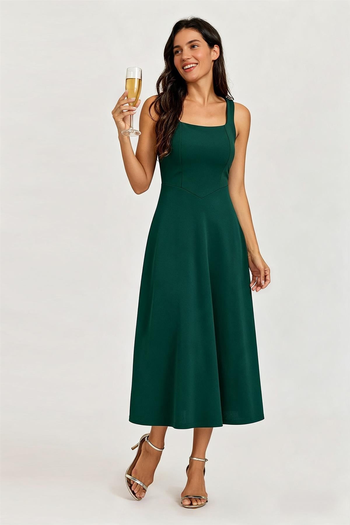 Square Neck Sleeveless Fit & Flare Midi Dress In Green