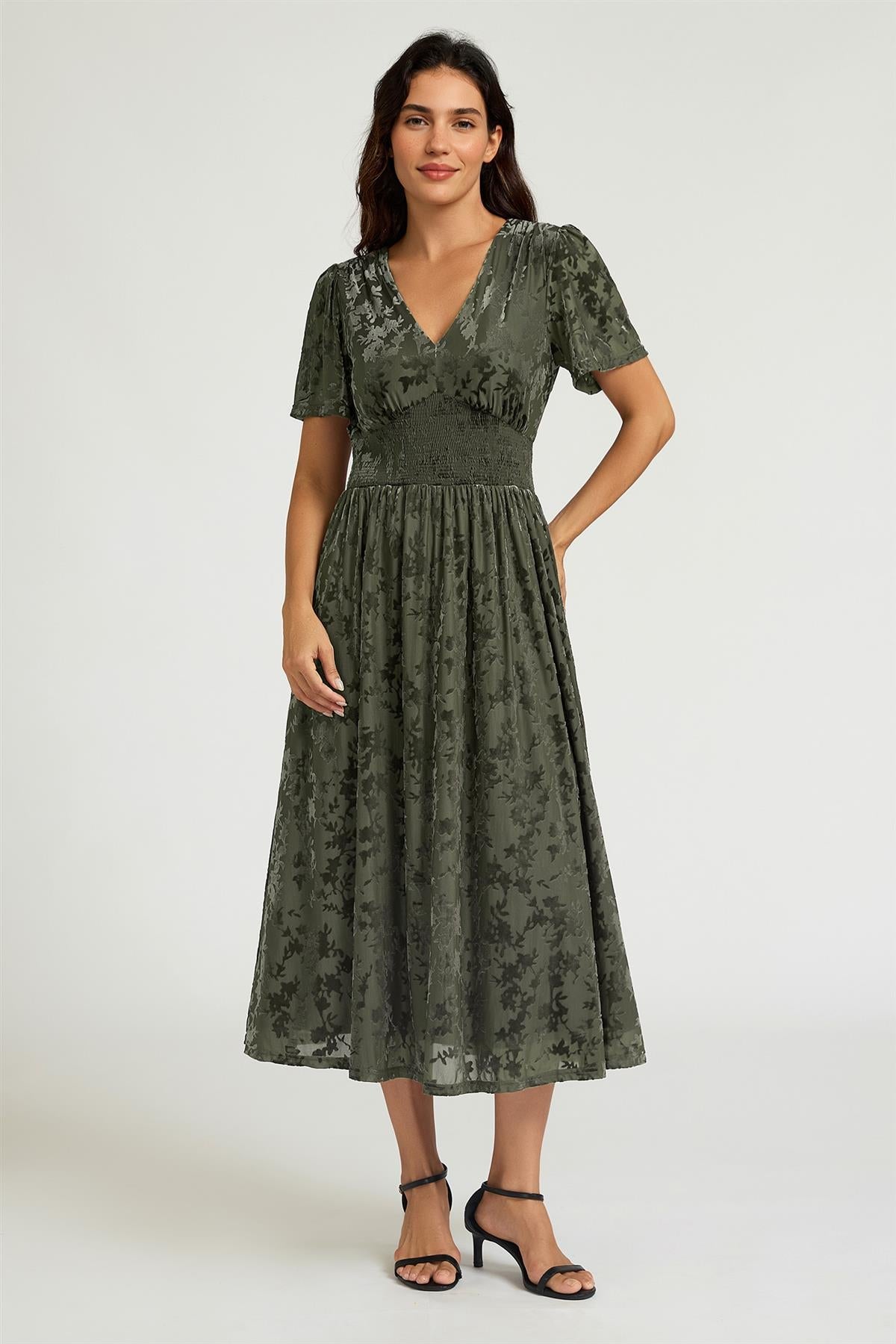 FS Collection Dark Sage Velvet Burnout V-Neck Angel Sleeve Midi Dress