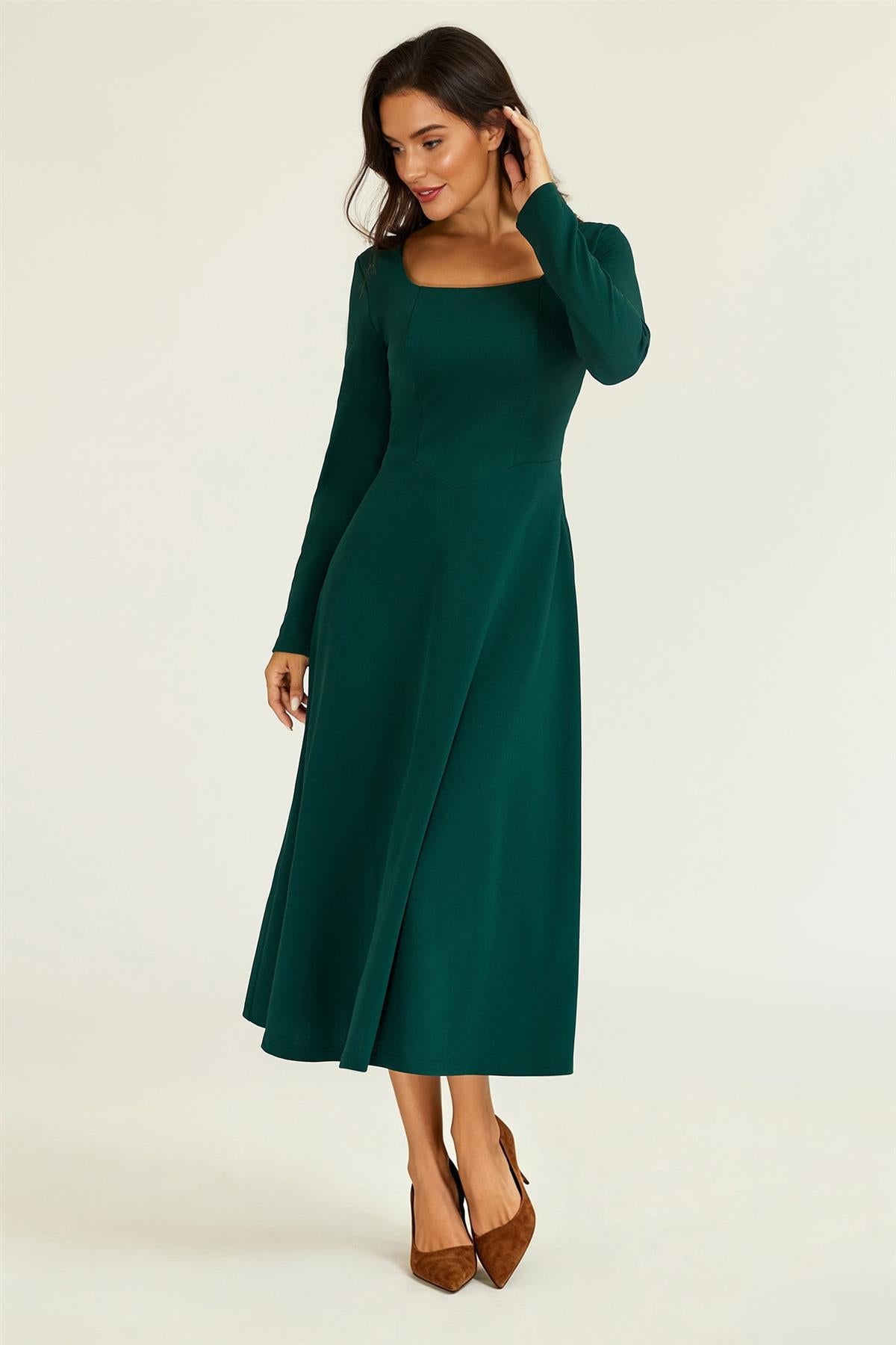 Square Neck Long Sleeve Fit & Flare Midi Dress In Green