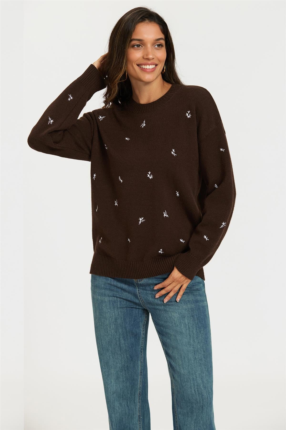 FS Collection Embroidered Floral Knit Jumper Top In Brown