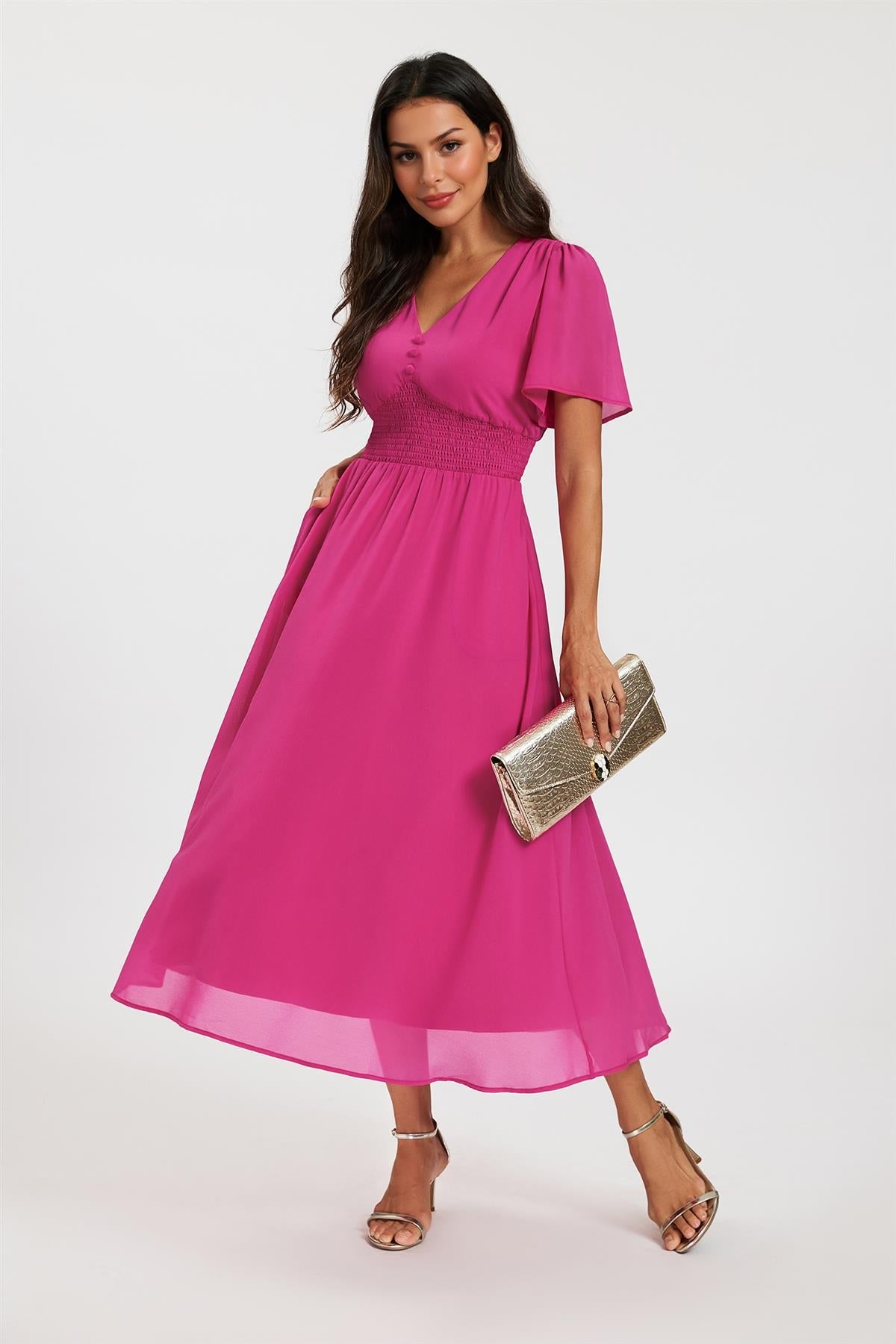 FS Collection Fuchsia V Neckline Shirred Waist Midi Dress