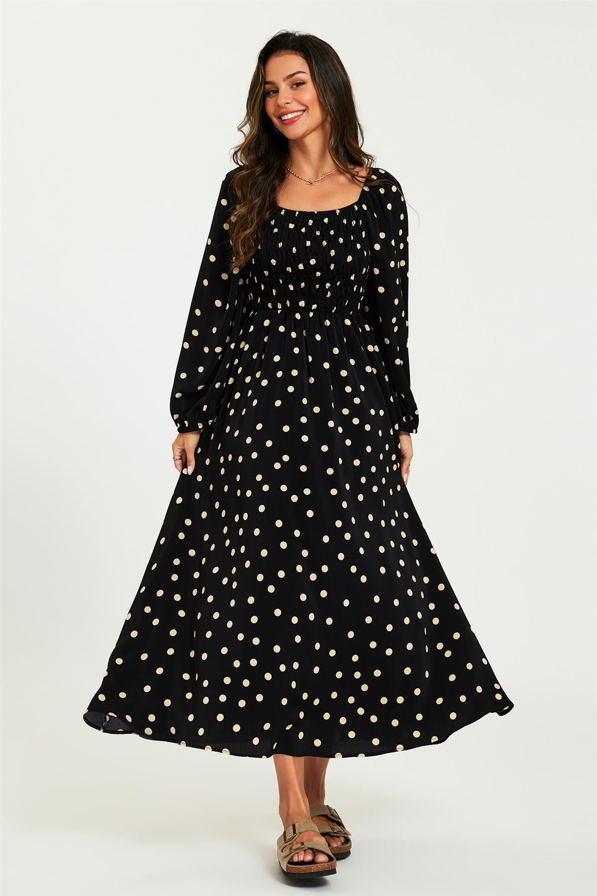 FS Collection Polka Dot Square Neck Maxi Dress In Black