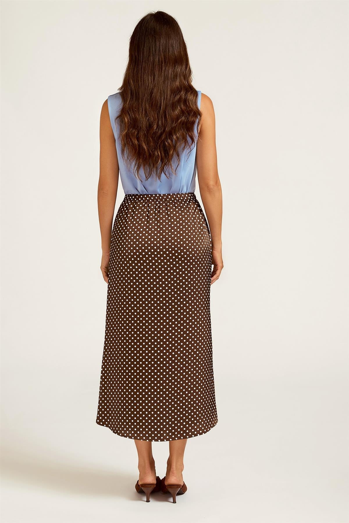 Polka Dot Print Satin Midi Skirt In Brown