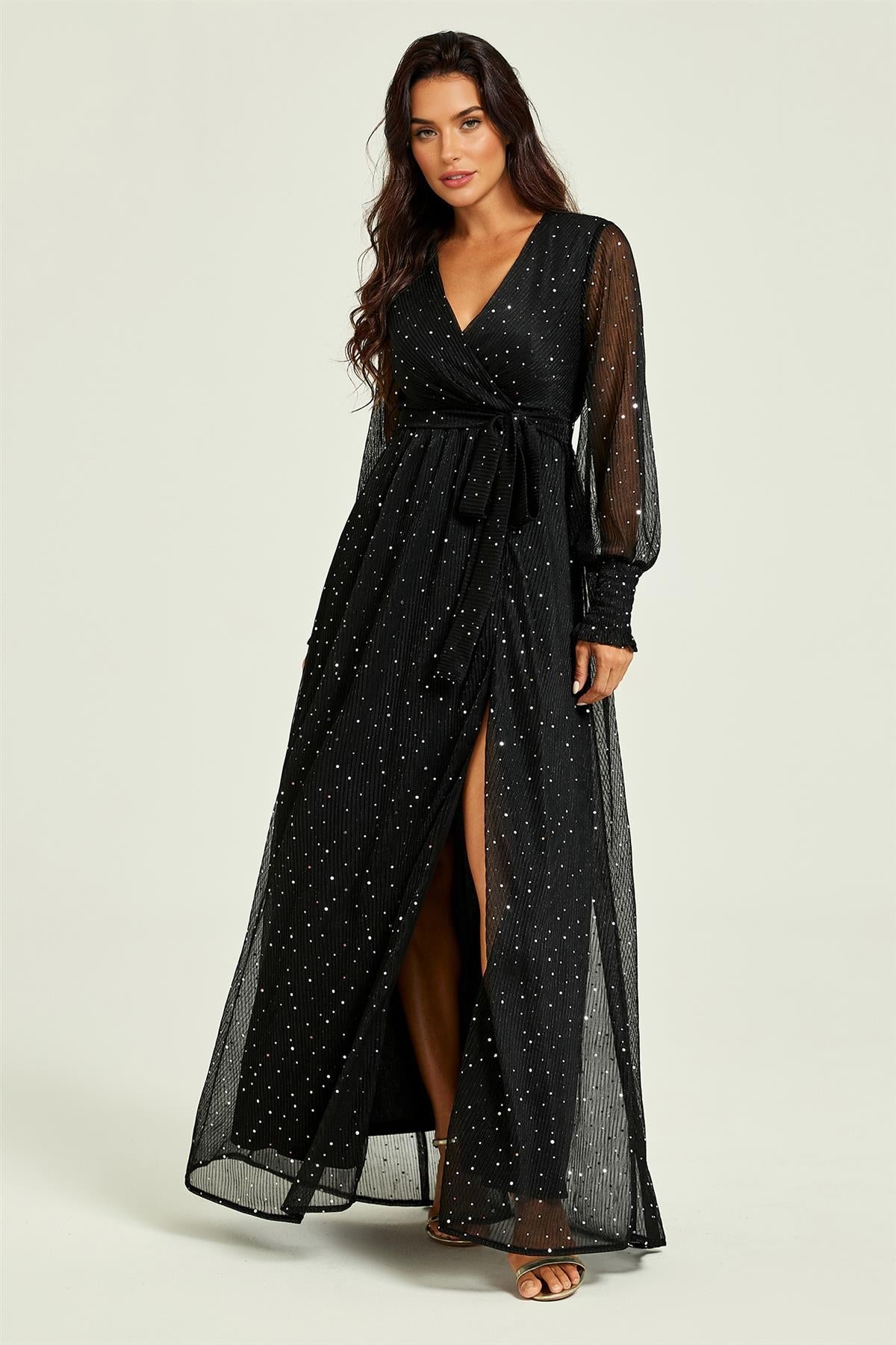 FS Collection Sparkle Gown Long Sleeve Bridesmaid Maxi Dress In Black