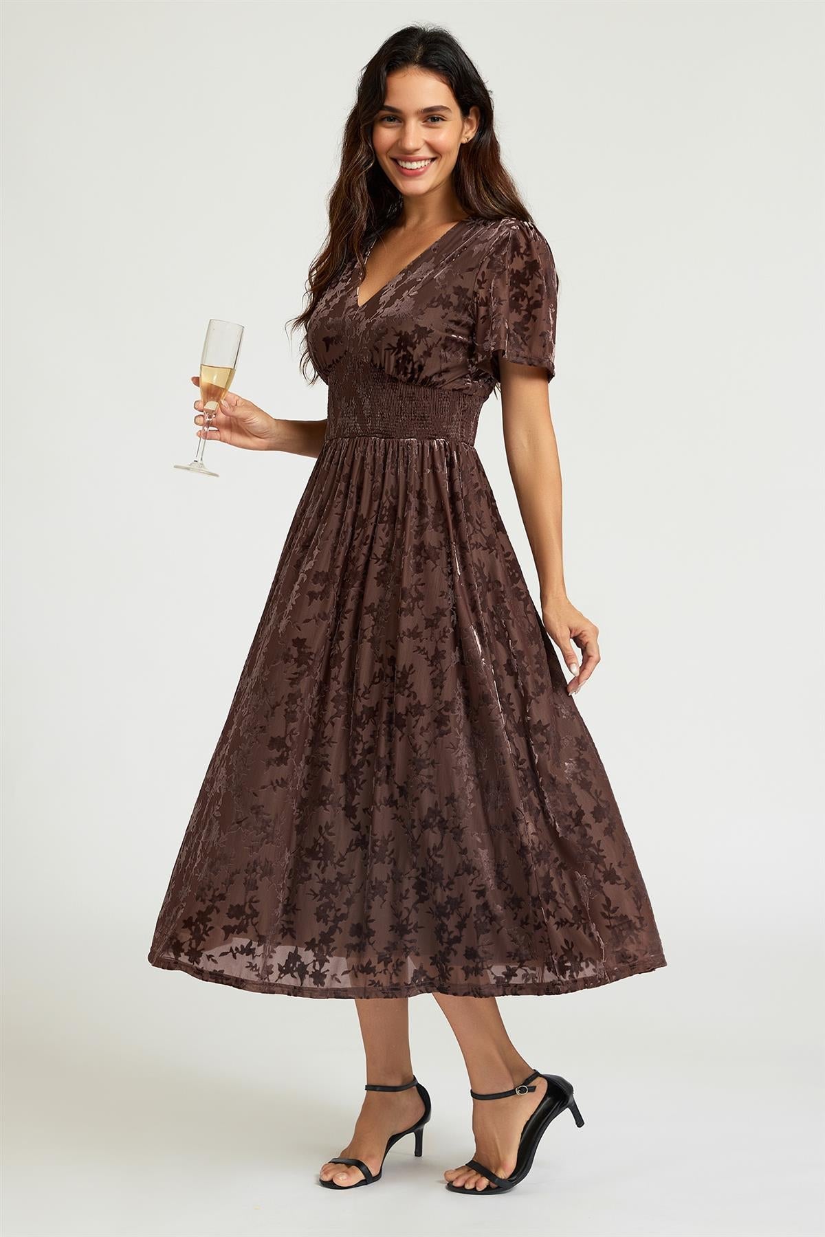 FS Collection Brown Velvet Burnout V-Neck Angel Sleeve Midi Dress