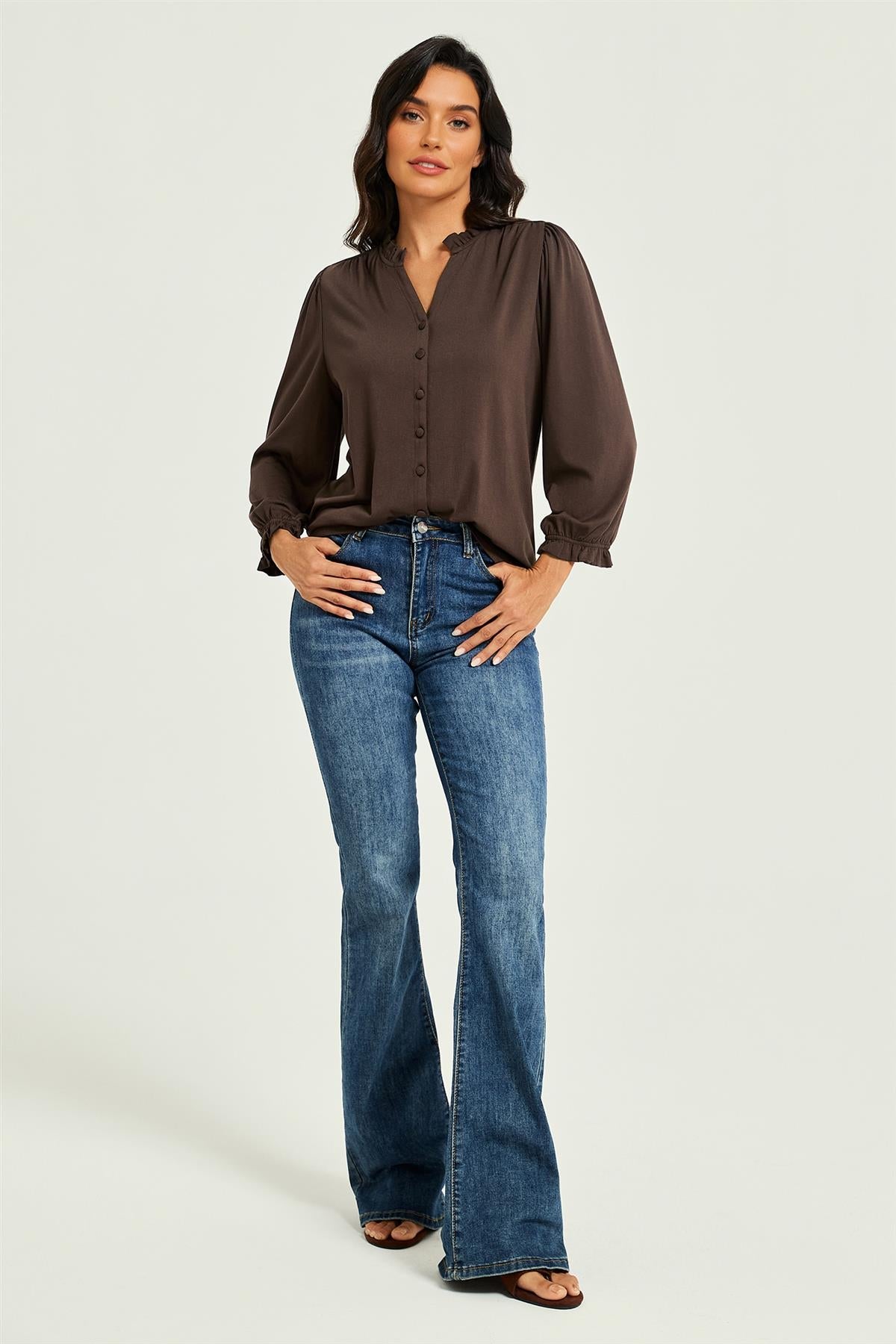 Frill Neck Long Sleeve Jersey Blouse Brown