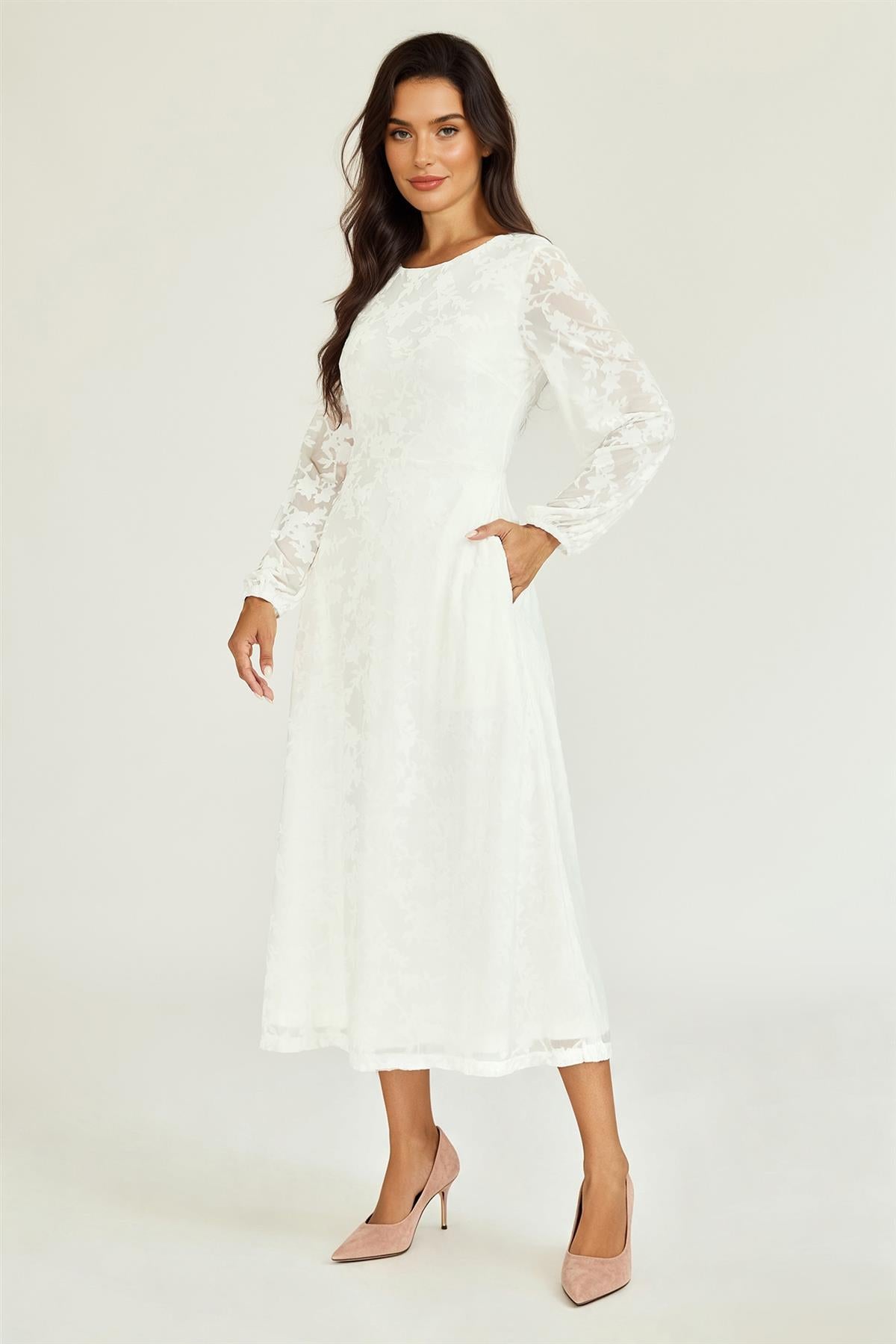 Floral Velvet Devore Long Sleeve Maxi Dress In Ivory