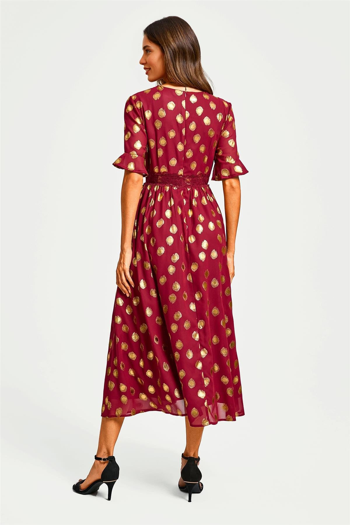 Gold Foil Long Sleeve Lace Trim V Neck Maxi Dress In Wine