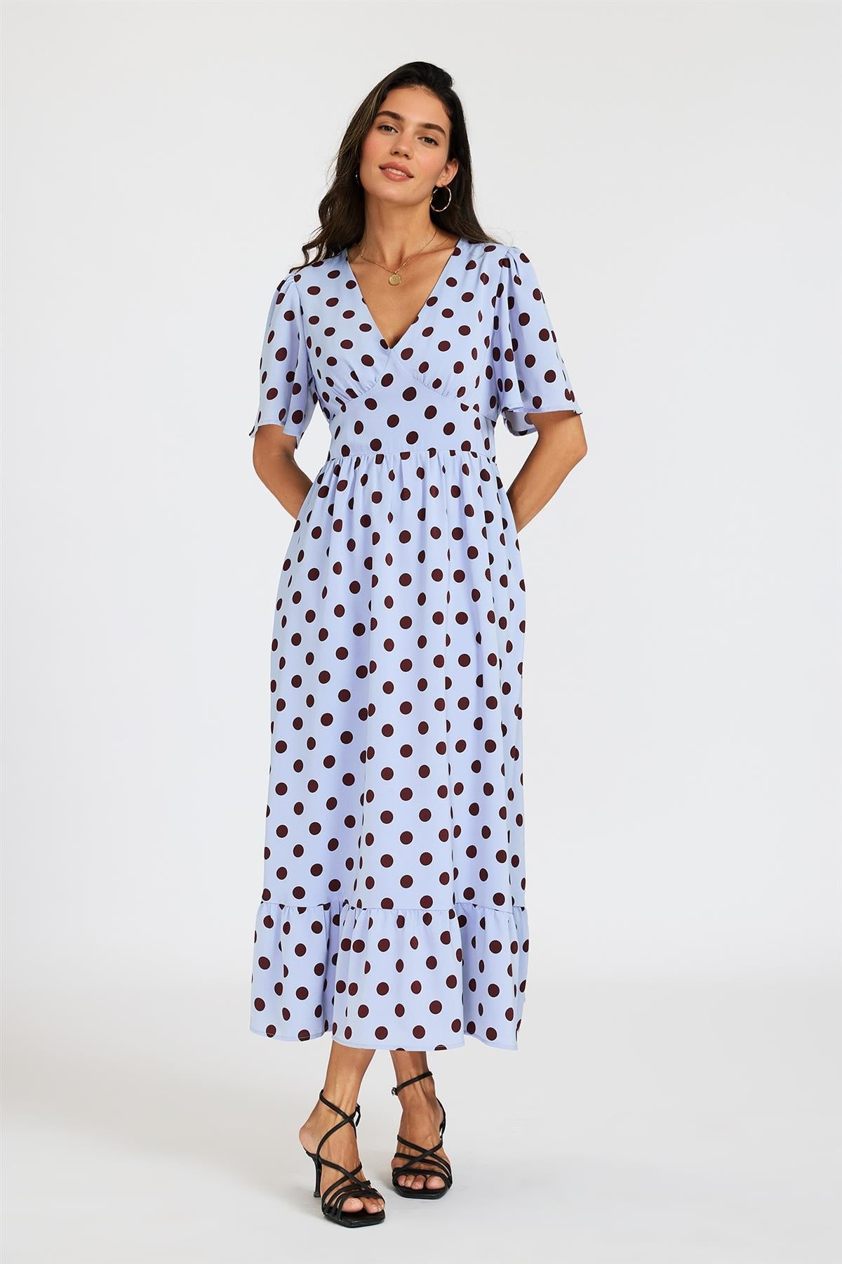 FS Collection Polka Dot Print Angel Sleeve V Neck Frill Hem Midi Dress In Blue
