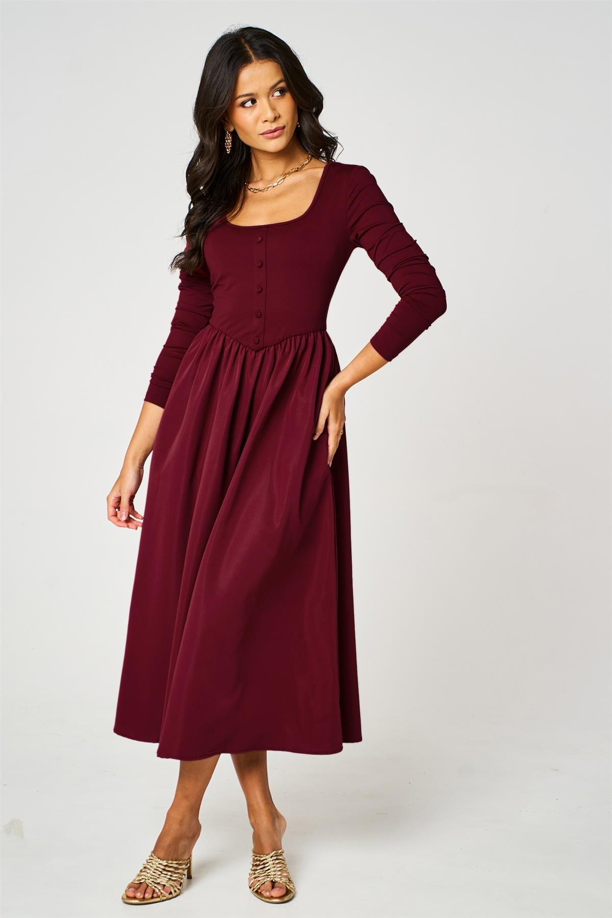 FS Collection Long Sleeve Button Detail Midi Dress In Wine