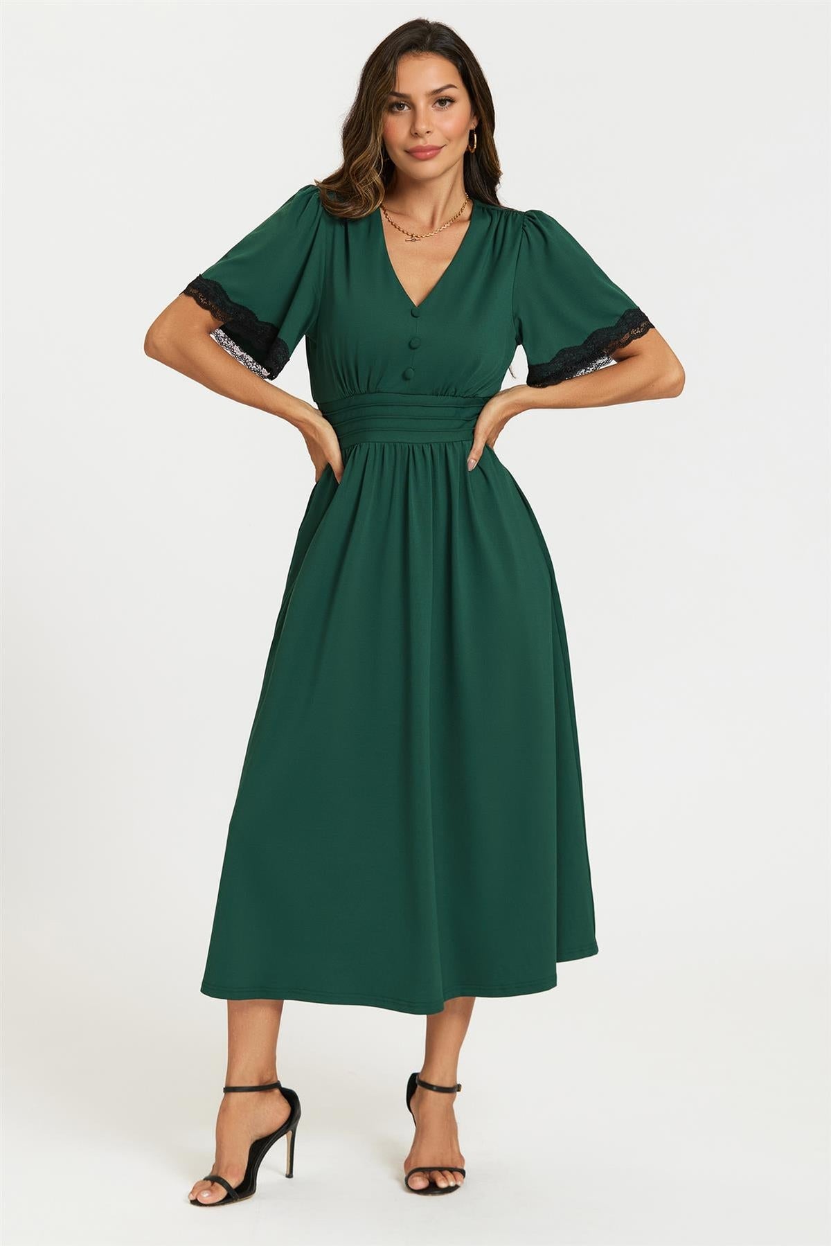 FS Collection Lace Trim Green Jersey Midi Dress
