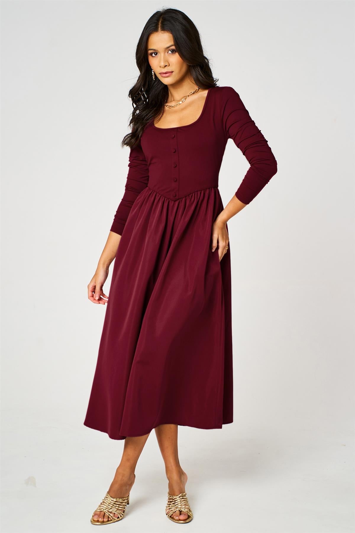 FS Collection Long Sleeve Button Detail Midi Dress In Wine