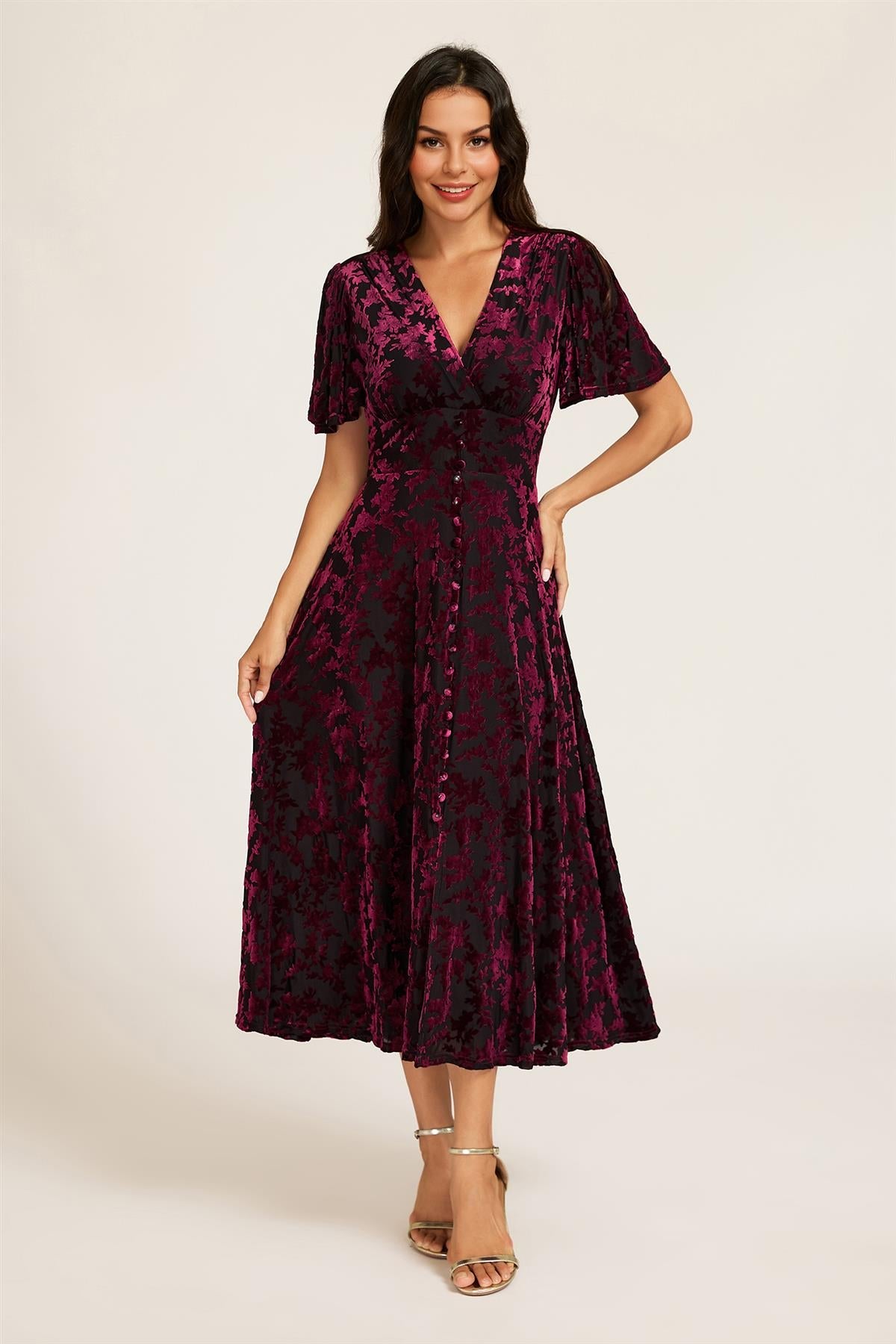 FS Collection Floral Velvet Devore V neckline Dress