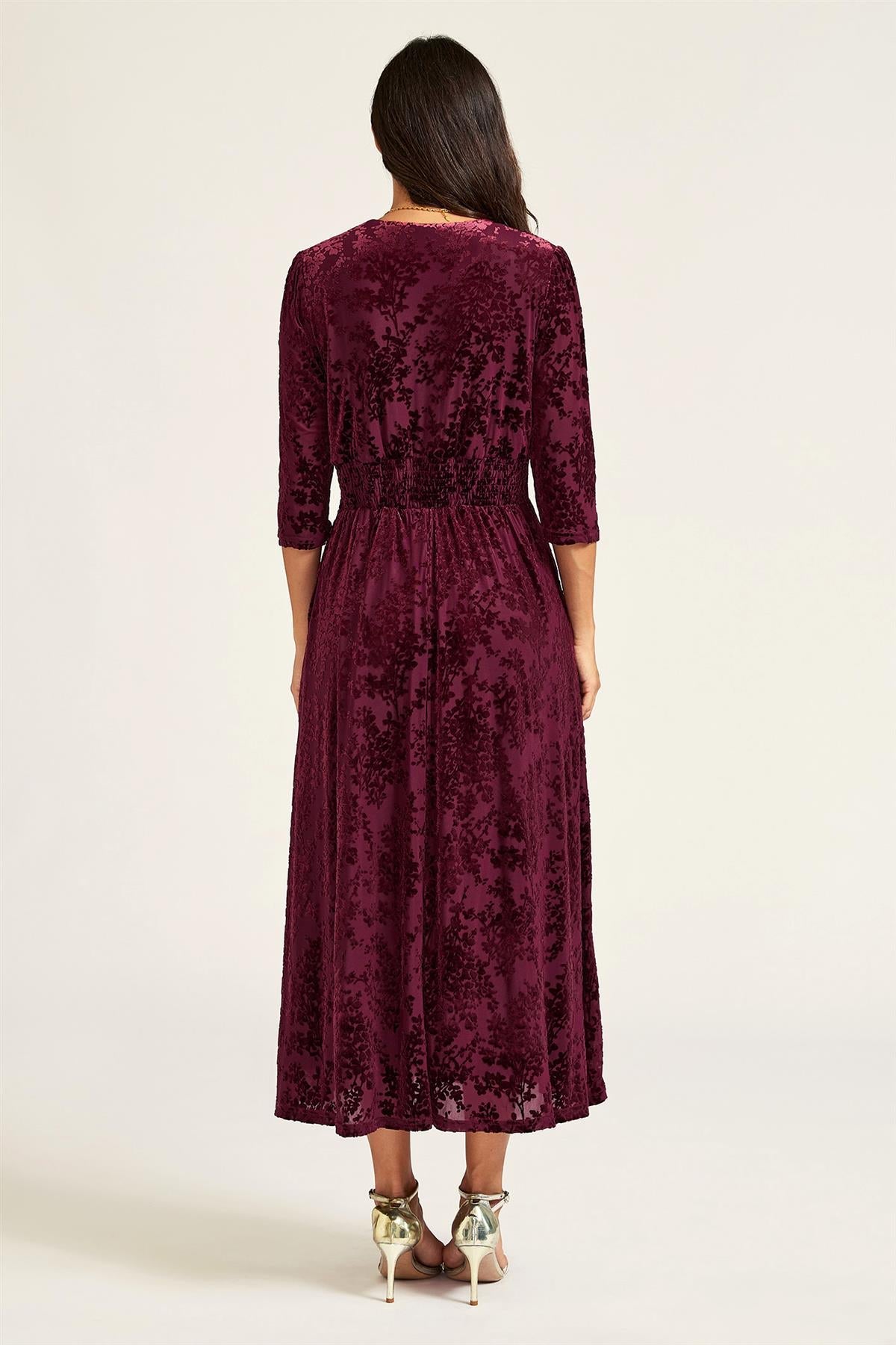 FS Collection Velvet Flock Wrap Neck 3/4 Sleeve Midi Dress In Wine