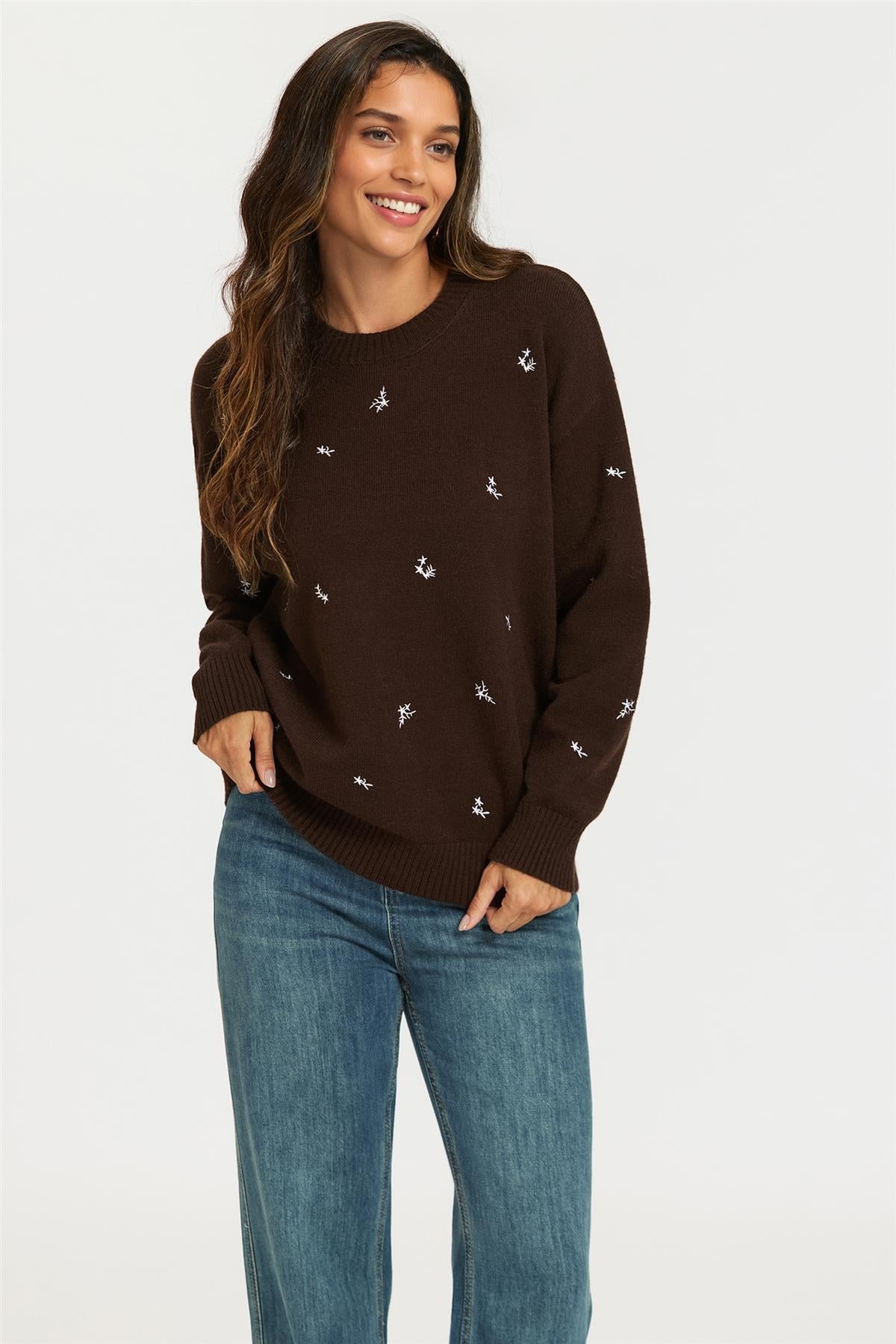 FS Collection Embroidered Floral Knit Jumper Top In Brown