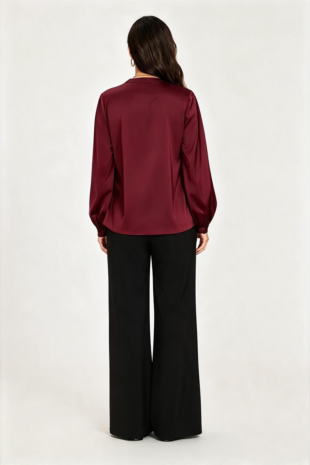 Long Sleeve Satin Blouse Top In Wine