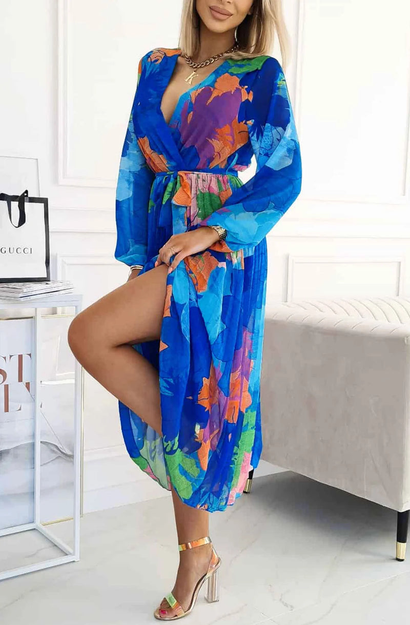 floral blue chiffon pleated maxi dress